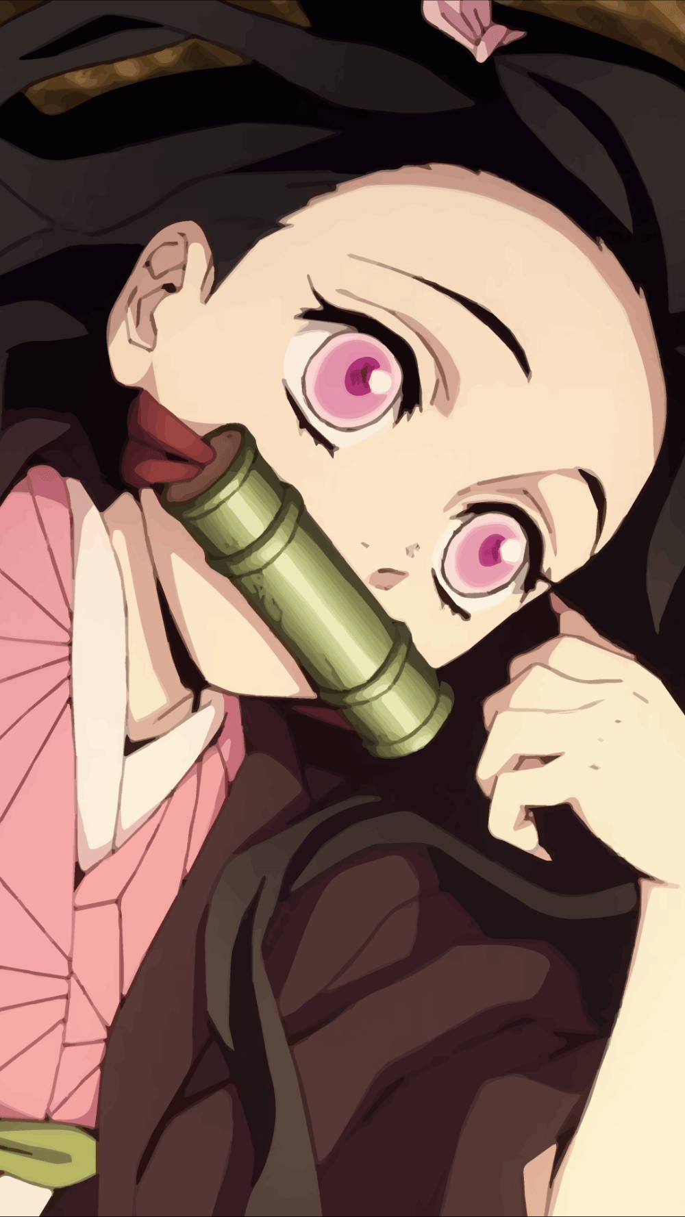 綾瀨奈子手機圖案 近距離特寫 壁紙 — 一個特寫動漫女孩，粉紅色眼睛和黑色頭髮，將綠色竹笛放在唇邊，身穿粉紅色和服。