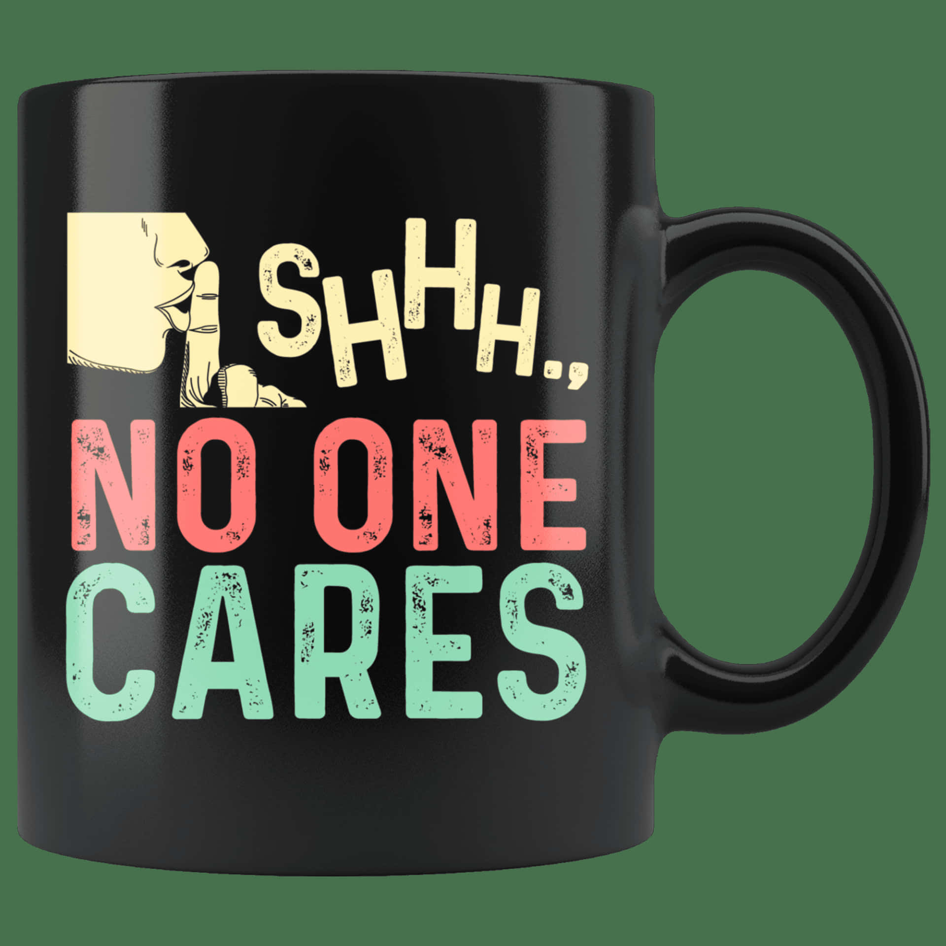黑色馬克杯，帶有「噓」圖示和色彩繽紛的文字「SHHH NO ONE CARES」