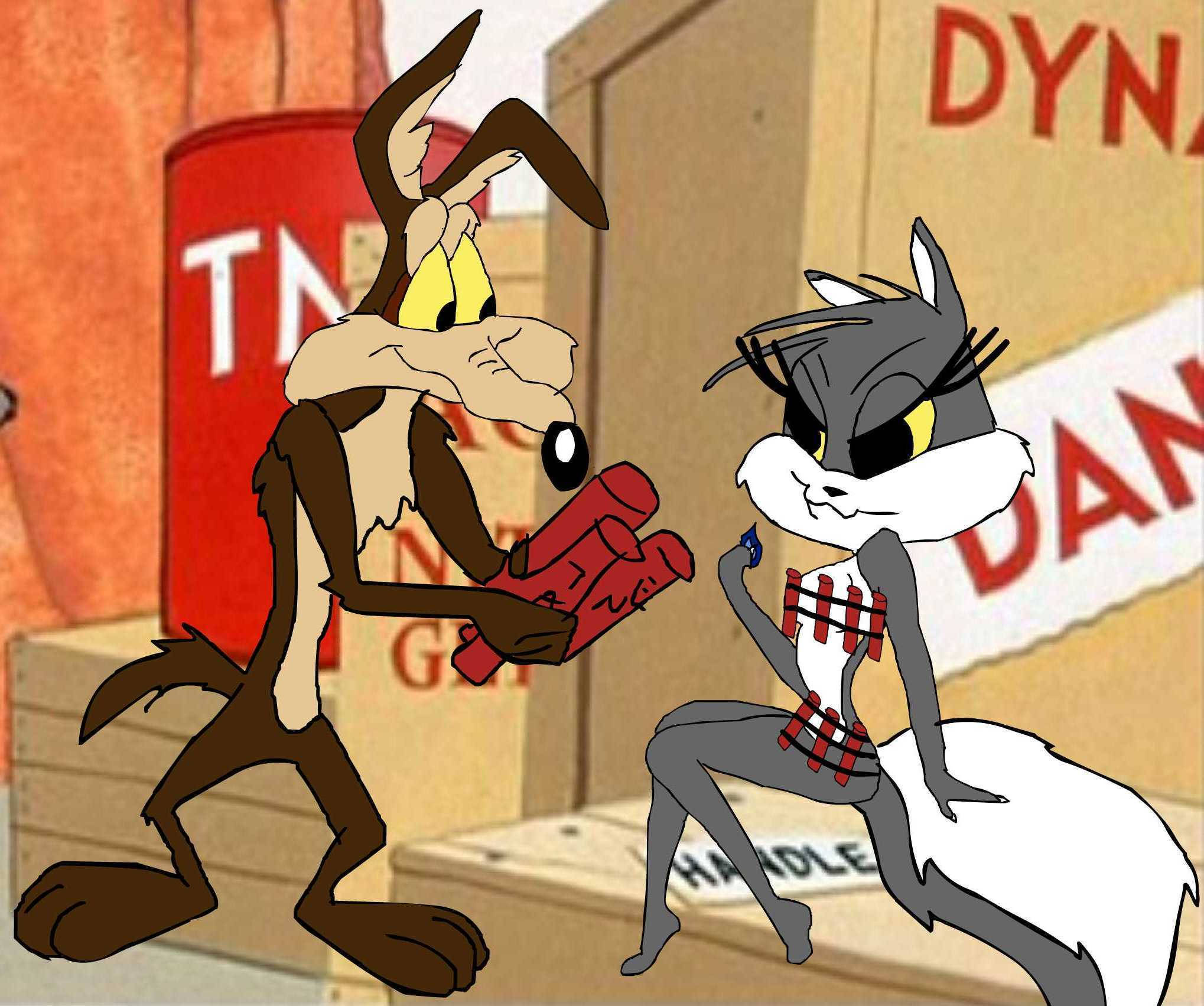 綿羊犬威爾·E·科伊ote向貓女求愛 壁紙 — Wile E Coyote 與一隻雌性貓卡通角色在倉庫中手持炸藥對峙。