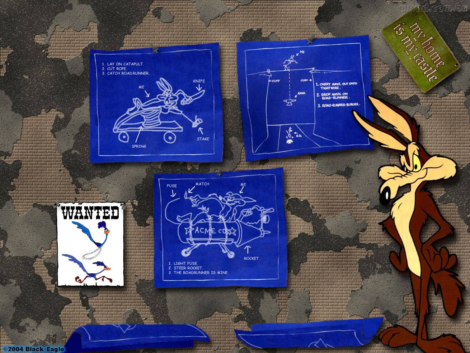 綿羊犬威爾·E·科伊ote在規劃室 壁紙 — Wile E. Coyote 喺迷彩背景上企喺藍圖同 Road Runner 嘅通緝海報旁邊。