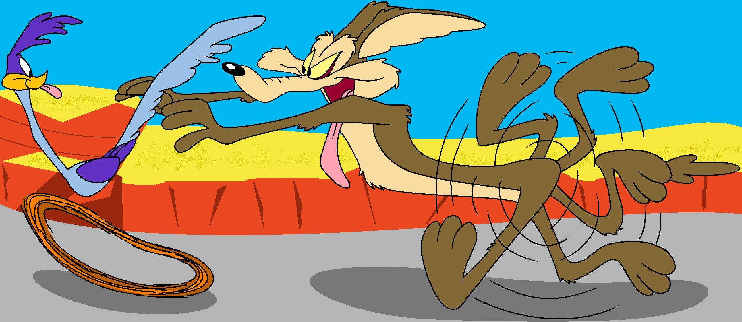 綿羊犬威爾·E·科伊ote追逐路跑者 壁紙 — Wile E. Coyote 瘋狂地追趕著 Road Runner，一場經典卡通追逐在色彩繽紛的條紋背景中展開。