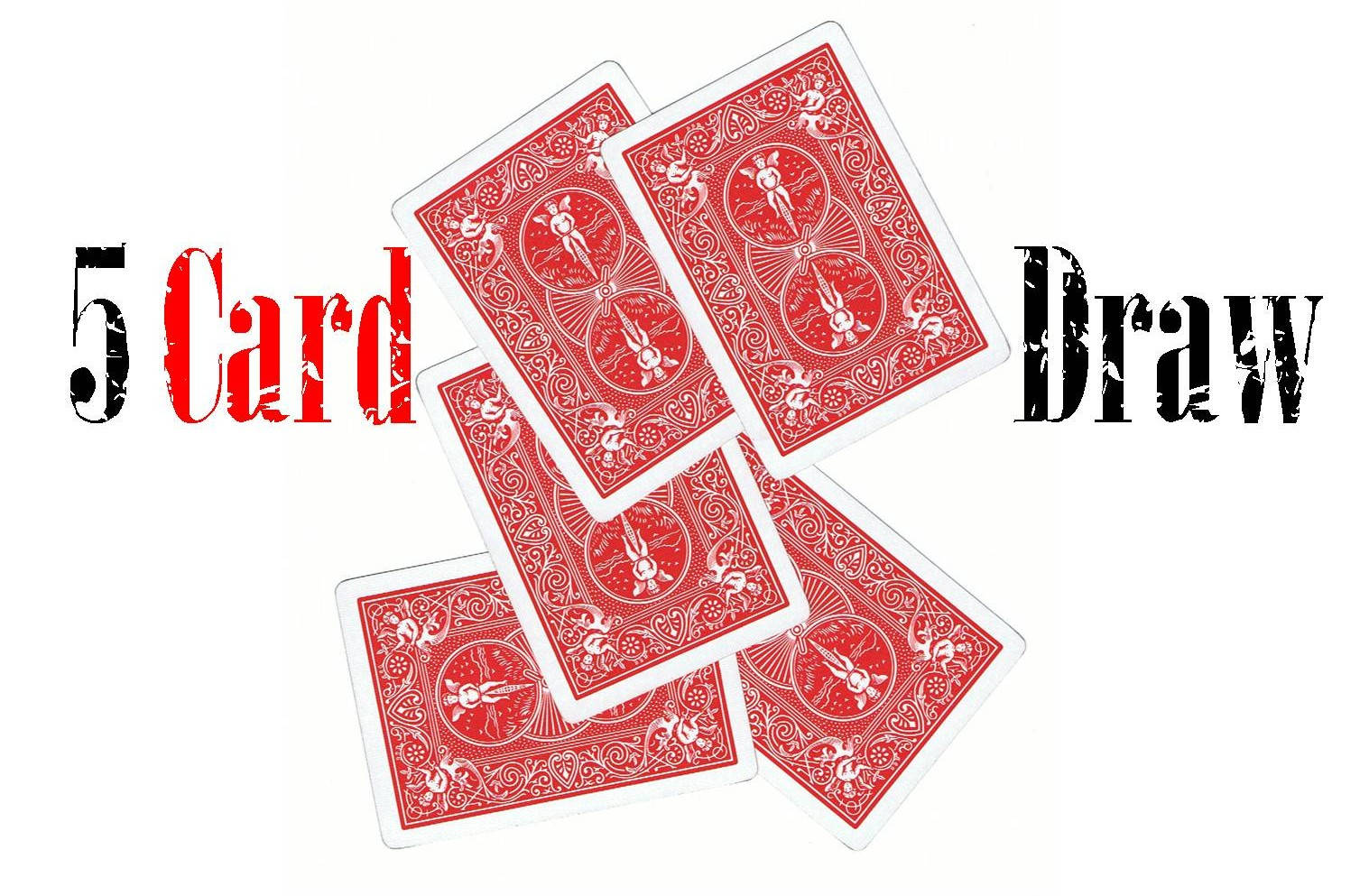 五張紅色撲克牌以扇形排列，帶有 '5 Card Draw' 文字。