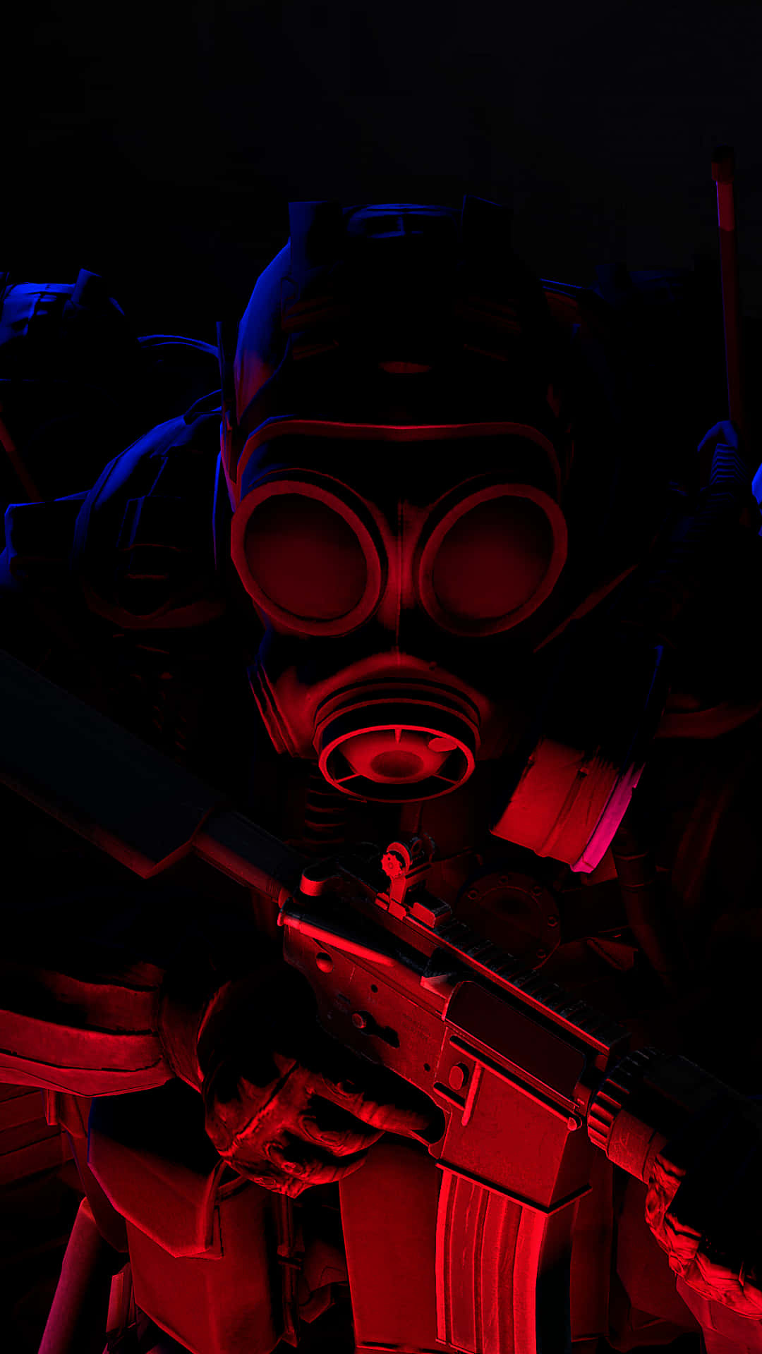 緊張對決 - 像素3《反恐精英：全球 Offensive》動作背景 壁紙 — 在黑暗環境中，一個戴著防毒面具和戰術裝備的人物在強烈的紅色和藍色霓虹燈光下拿著步槍。