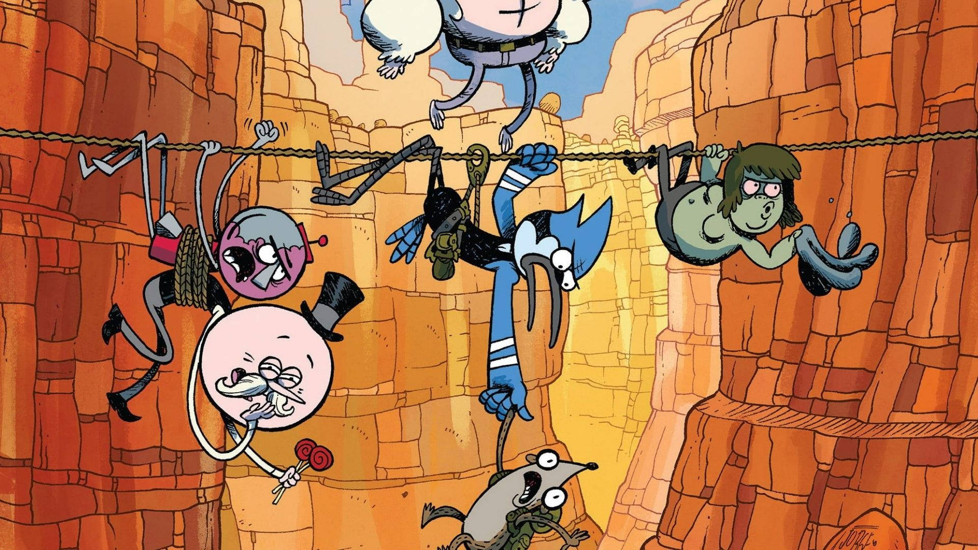緊握的 Regular Show 壁紙 — 卡通角色在橙色岩壁和藍天的峽谷上懸掛並搖擺繩索。