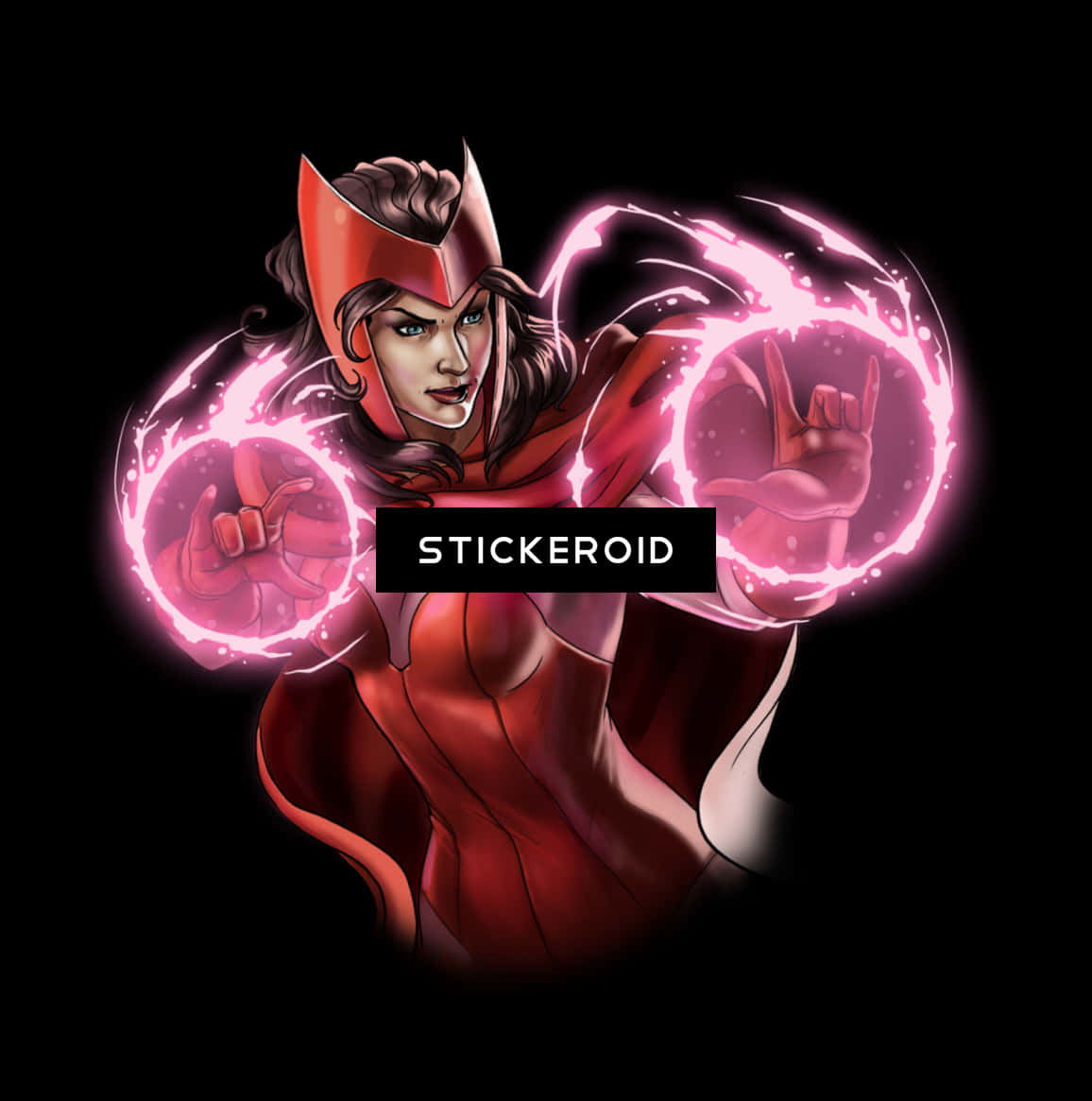 緋紅女巫魔法插畫 壁紙 — 一位身穿紅色服裝的兇猛女超級英雄在黑色背景下從手中釋放出發光的粉紅色能量球。