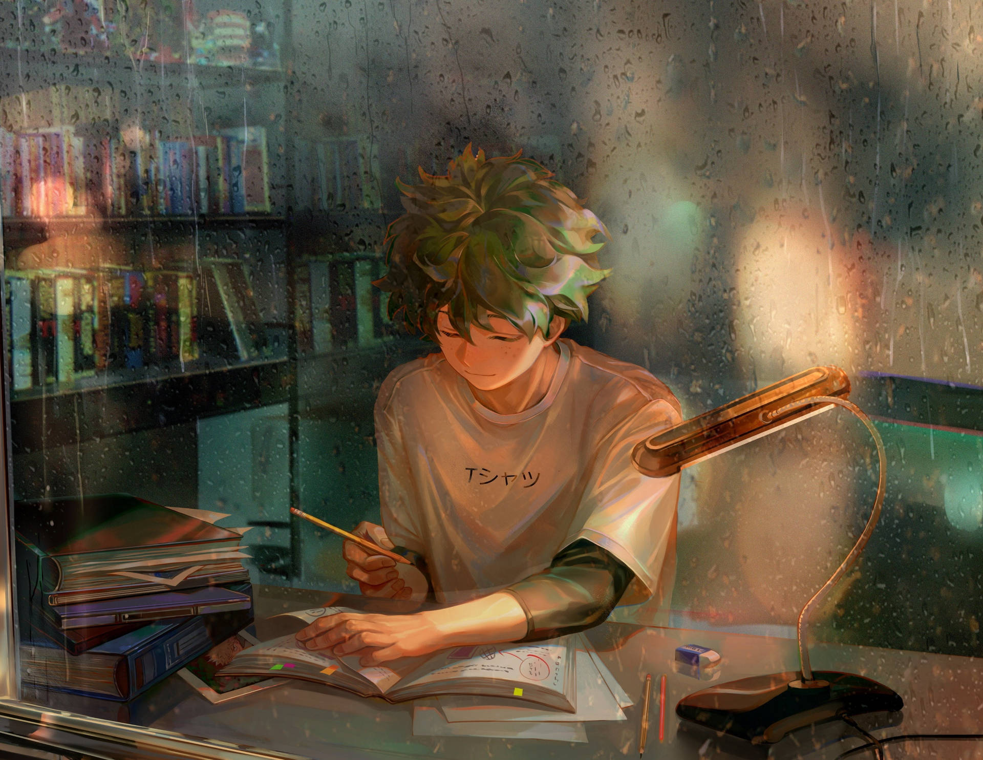 緋色的英雄·Deku學習中個人頭像 壁紙 — 一個綠髮的年輕動漫男孩在舒適的圖書館裡，在雨痕斑斑的窗邊一盞溫暖的燈下學習。