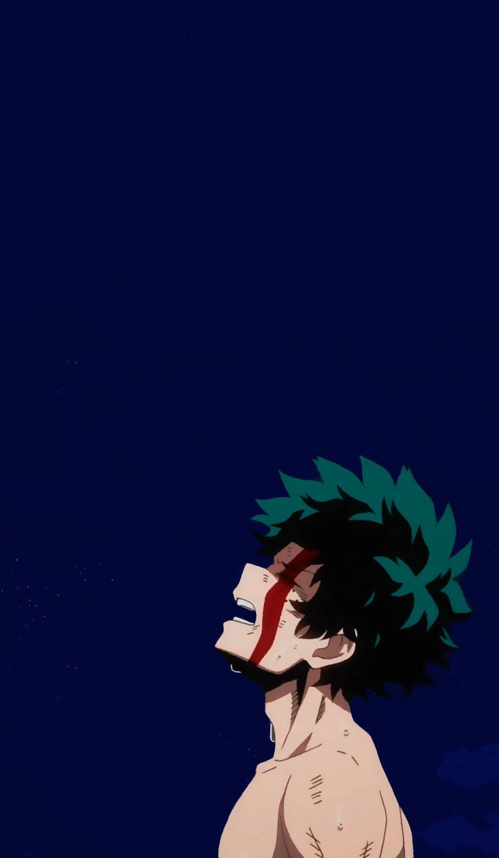 緋色的英雄·Deku流血雙眼個人頭像 壁紙 — 一個堅定的動漫男孩，綠色頭髮和紅色眼罩，仰望星空夜空。