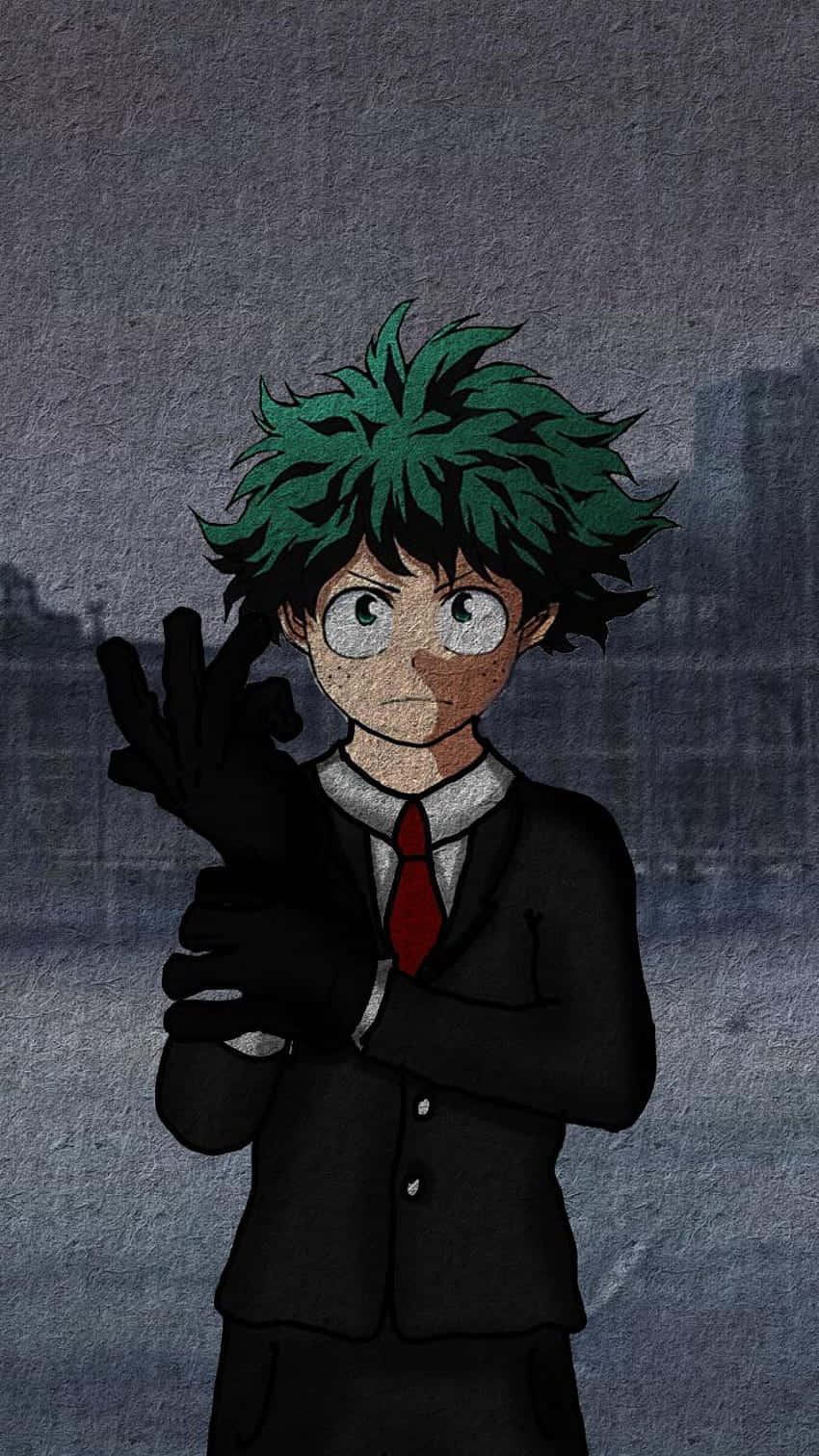 緑谷 Midoriya 動漫 Discord 頭像 壁紙 — 一個年輕的動漫男孩，擁有尖刺的綠色頭髮和大眼睛，穿著黑色西裝、紅色領帶和黑色手套，在灰色紋理背景前做手勢。