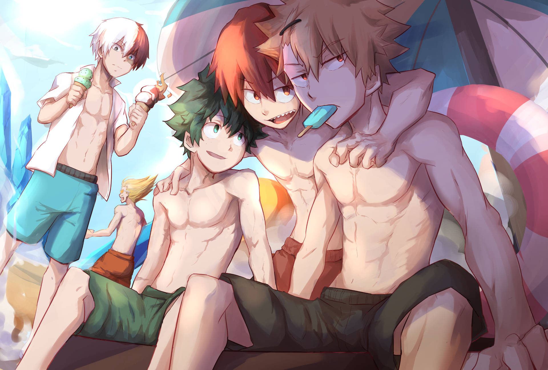 緑谷出久 X 冰凍 X 爆豪勝己夏日 壁紙 — 三個穿著泳褲的動畫男孩在條紋傘下吃著冰淇淋，在海灘上放鬆。