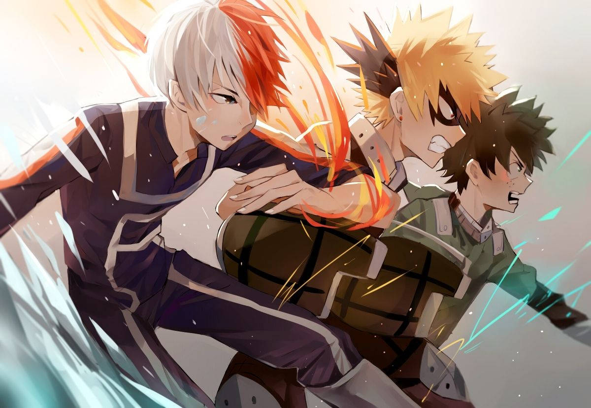 緑谷出久 X 冰凍 X 爆豪勝己戰鬥 壁紙 — 三個動漫角色在動態中碰撞，周圍環繞著熾熱的橙色和冰冷的藍色能量效果。