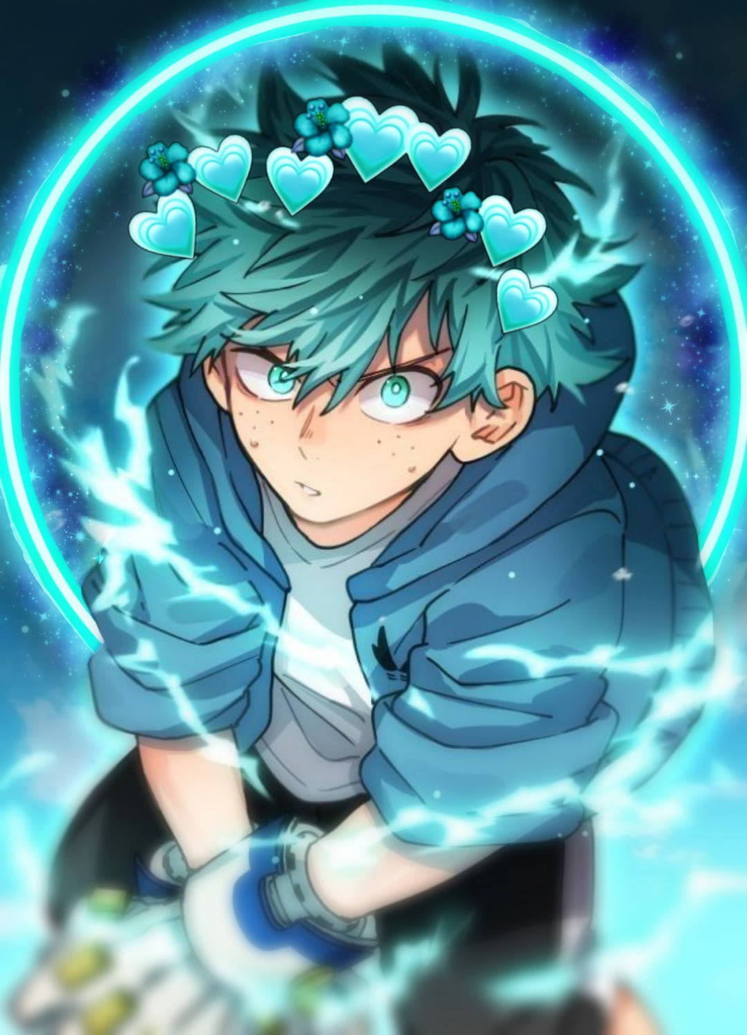 動漫男孩，青綠色頭髮和心形花朵，在宇宙環境中引導電能。