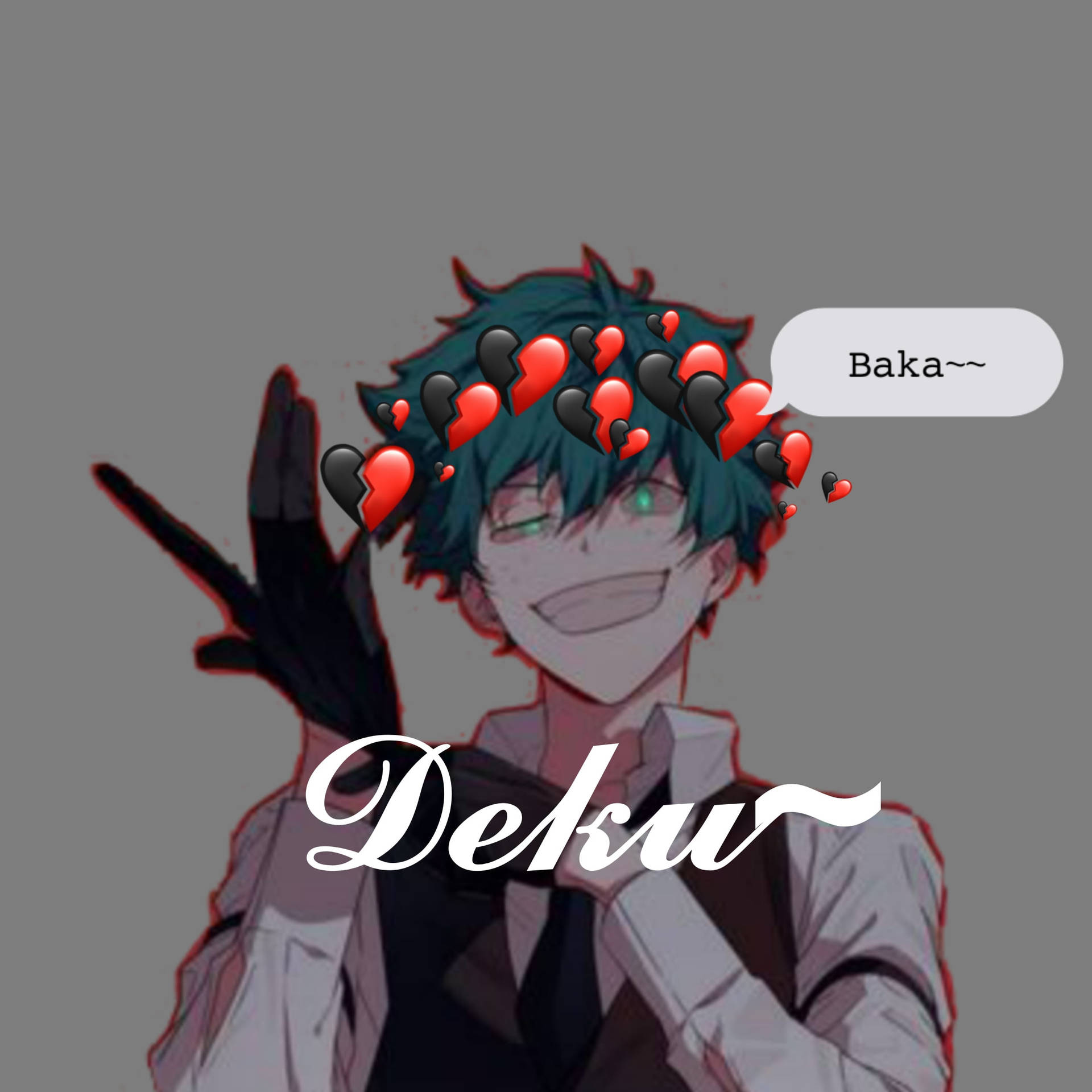 緑谷出久可愛同人小說 壁紙 — 動漫角色Deku，擁有青綠色頭髮，頭部周圍有破碎的心形表情符號，正在做出和平手勢。
