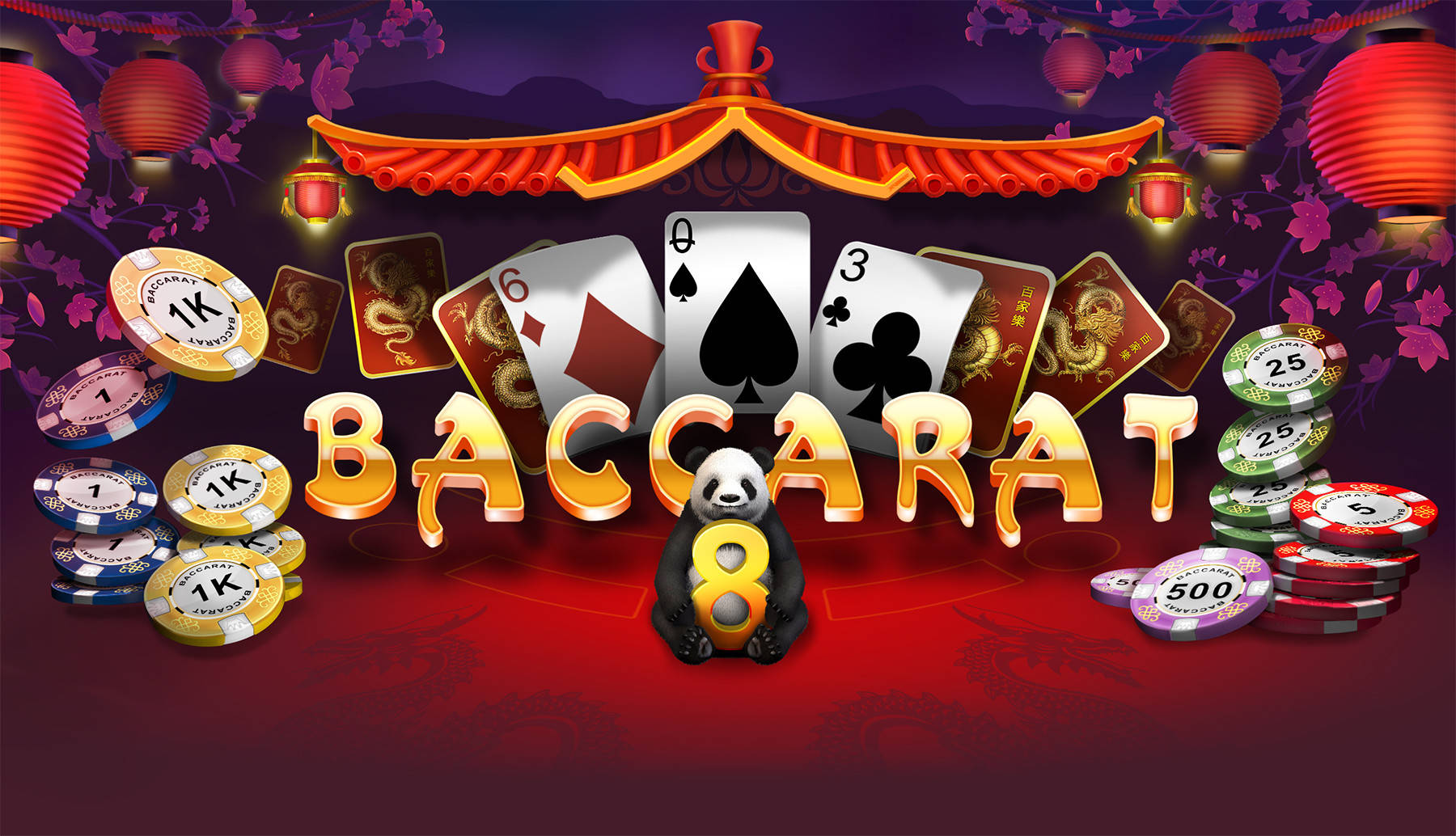 百家樂遊戲，熊貓拿著八，周圍是牌和賭場籌碼，在燈籠下。