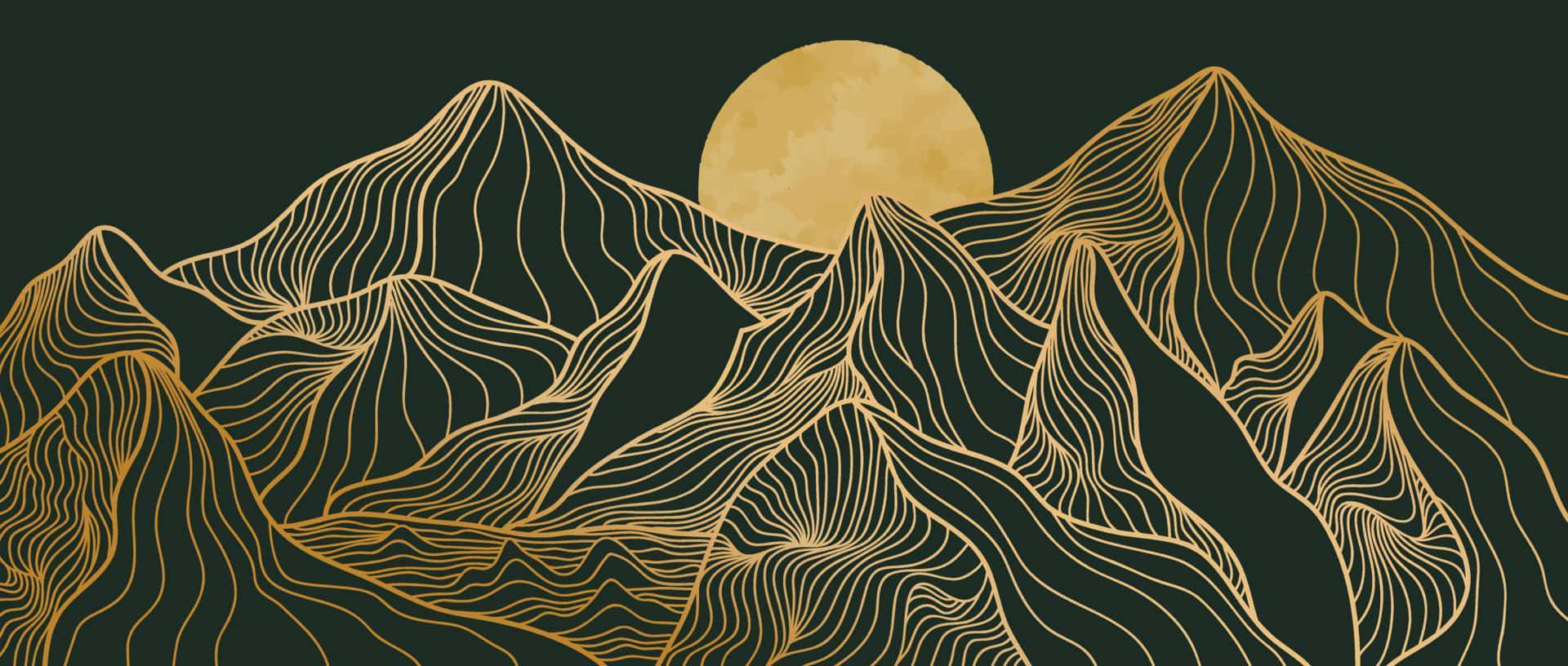 夜晚滿月下山脈的金色線條畫。