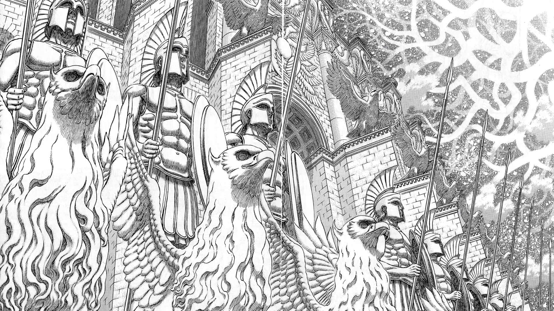 裝甲士兵騎著獅鷲生物朝向石頭堡壘，呈現奇幻戰鬥場景。