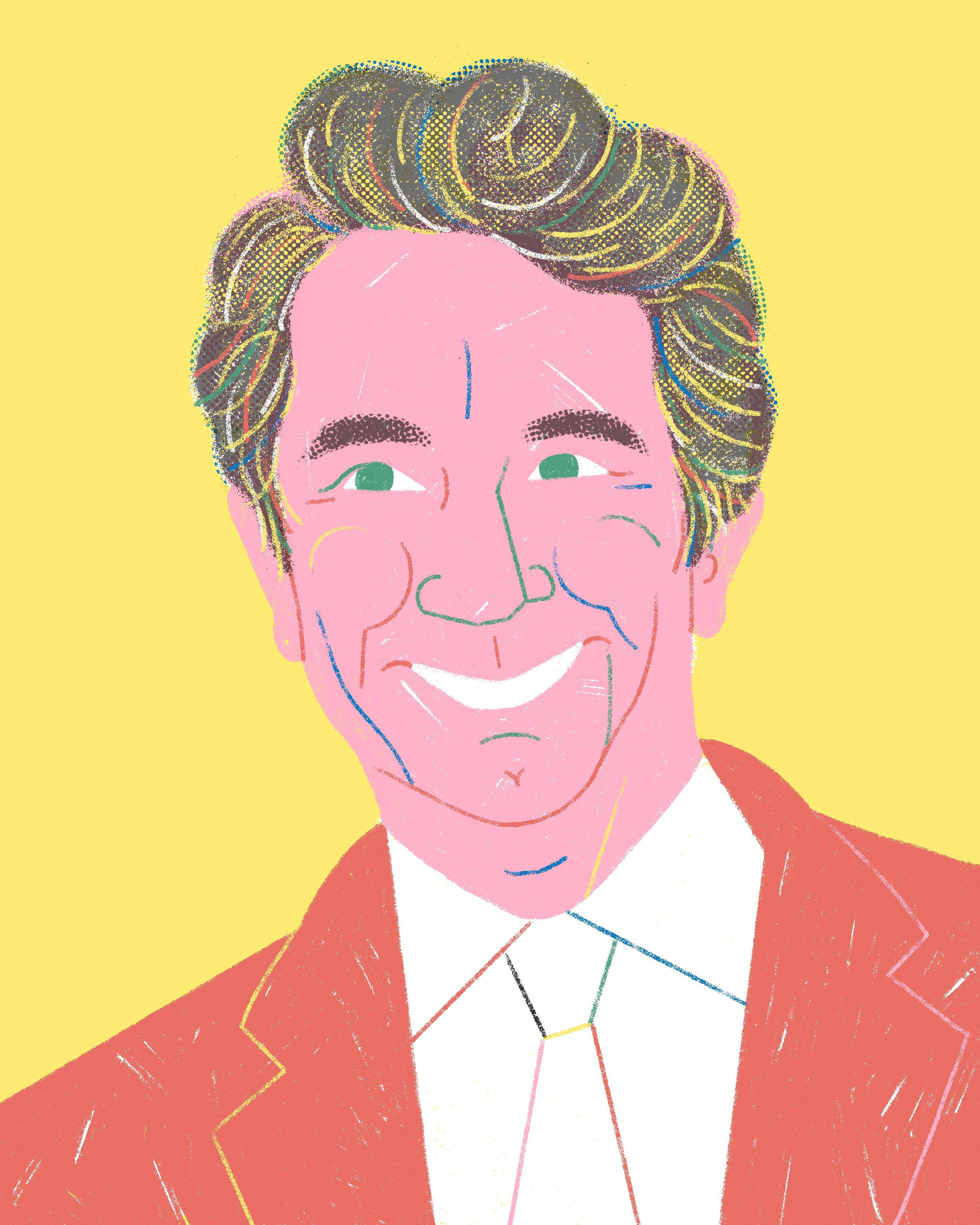 線條藝術微笑男子 壁紙 — 一個快樂的插圖男子，捲髮，在明亮的黃色背景上溫暖地微笑。