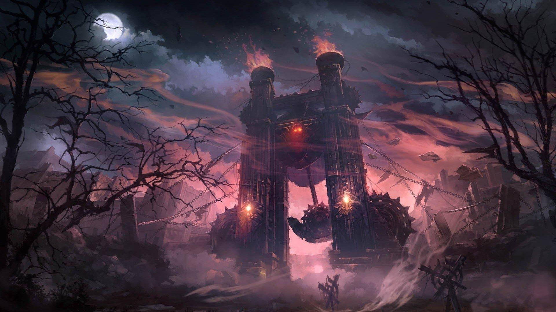 一座黑暗奇幻堡壘，燃燒的塔樓和發光的紅色眼睛，在滿月下。