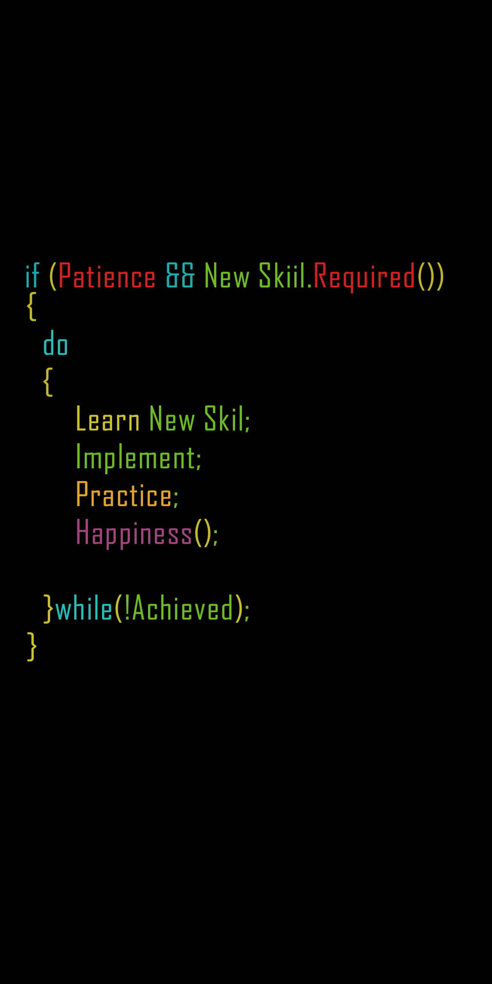 黑色背景上的彩色程式碼循環學習直到達成成就