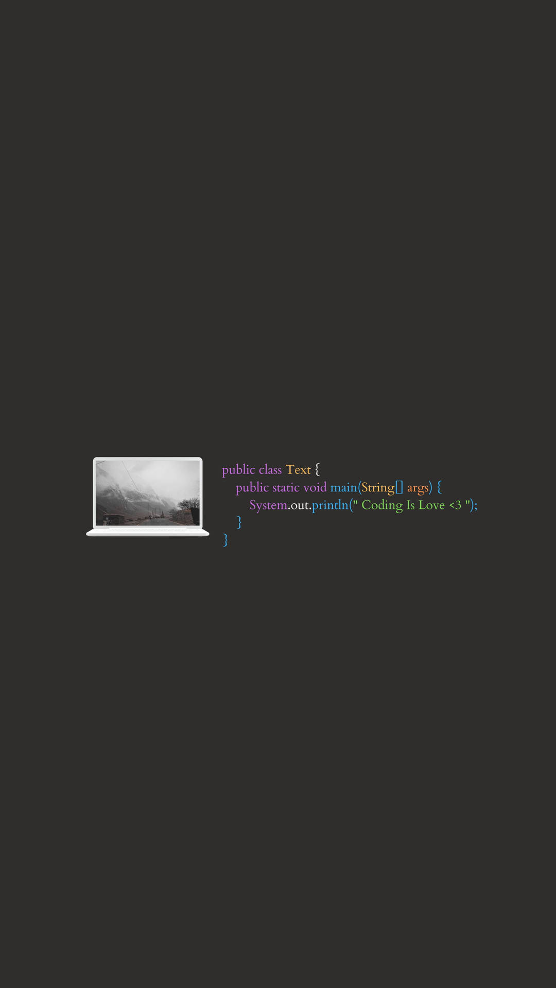 筆記型電腦顯示山景及印有 'Coding Is Love <3' 的 Java 程式碼。