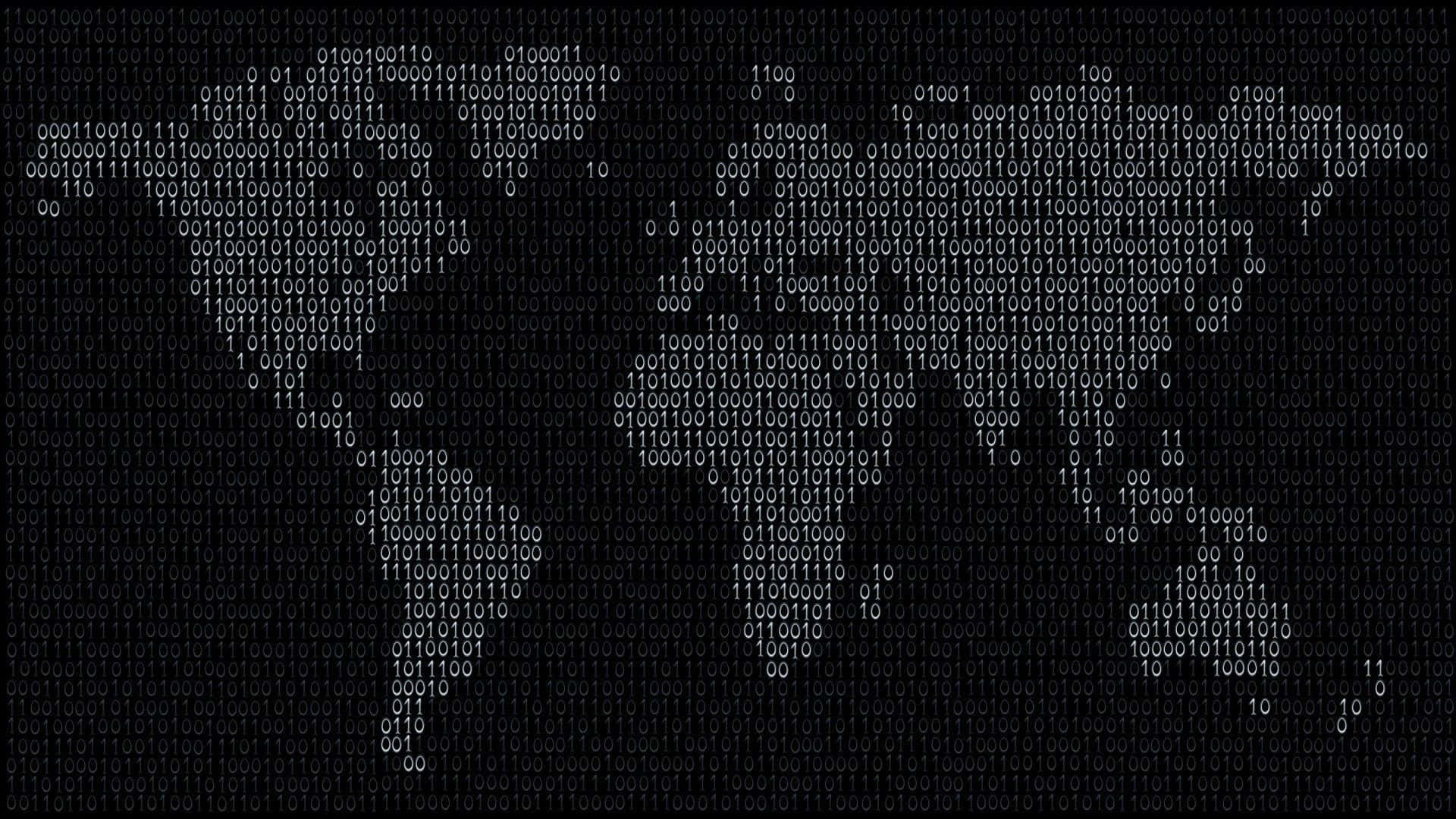 在黑暗屏幕上由二進制數字組成的世界地圖輪廓。
