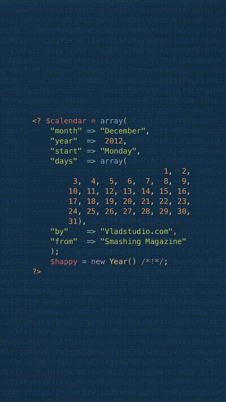 PHP代碼片段，在深藍色網格背景上顯示2012年12月日曆。