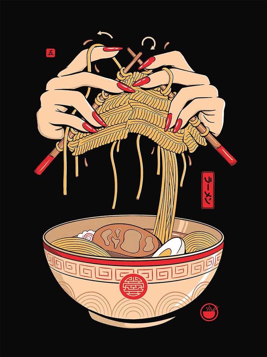 編織拉麵麵條藝術 壁紙 — 插圖中的紅指甲手用筷子從有圖案的碗中夾起冒煙的拉麵，背景為黑色。