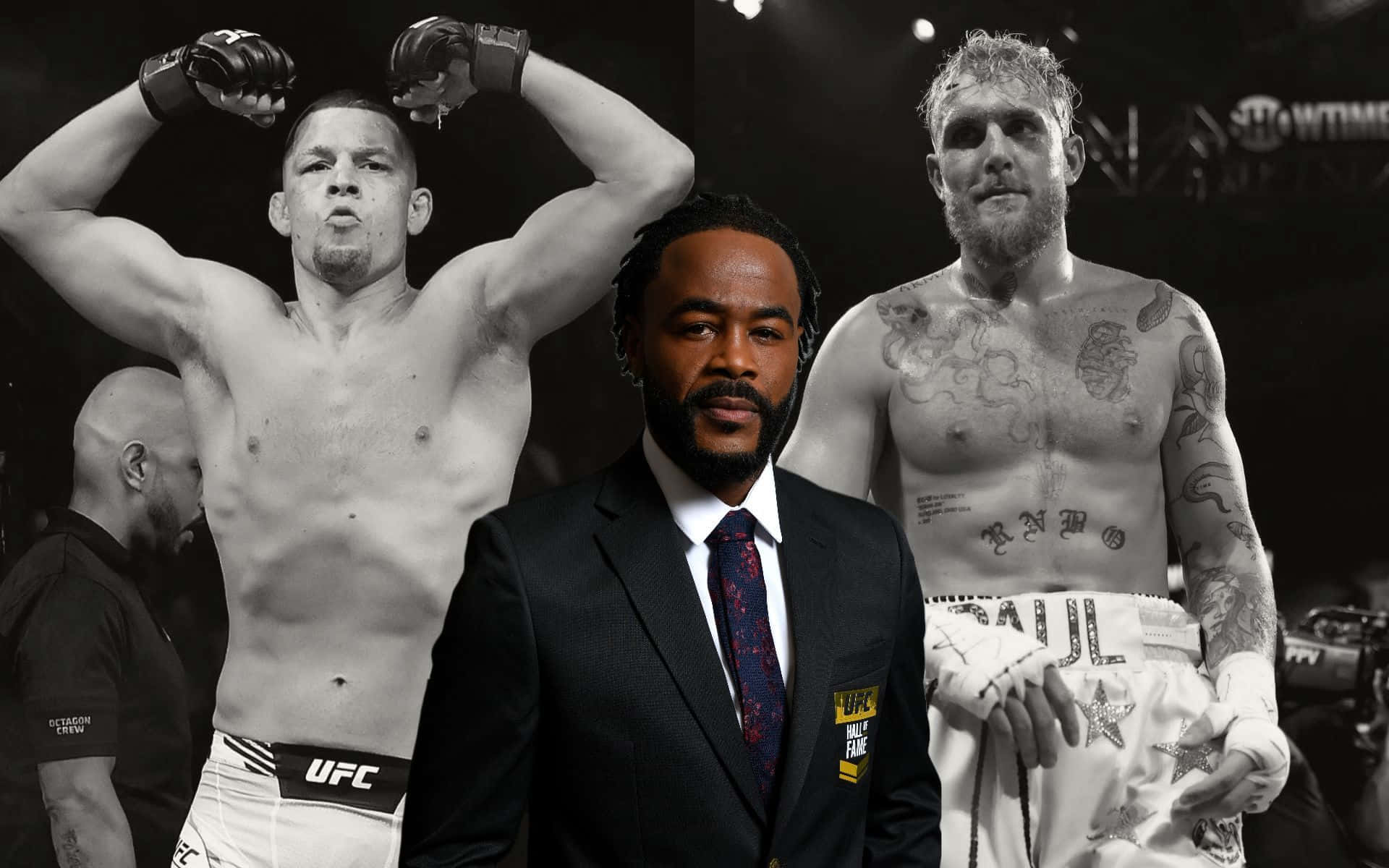 兩位勝利的MMA拳手和一位身穿西裝的播音員在UFC賽事中。