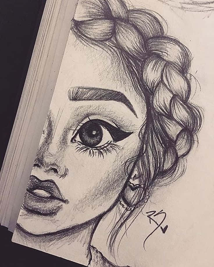 編髮女孩素描 壁紙 — 素描簿頁面上一個詳細的鉛筆素描，描繪一位女性面孔，帶有辮子髮型和富有表現力的眼睛。