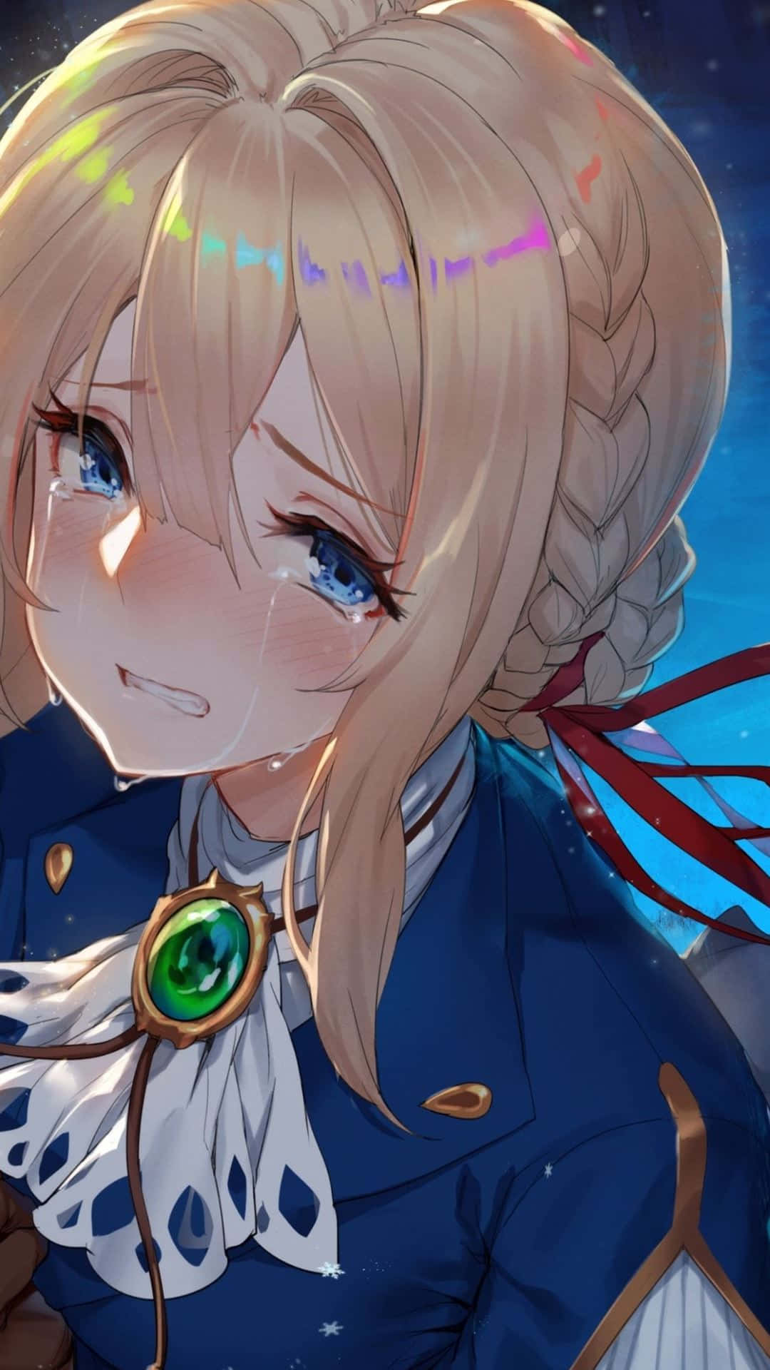 穿著藍色制服的動漫女孩在星空下哭泣