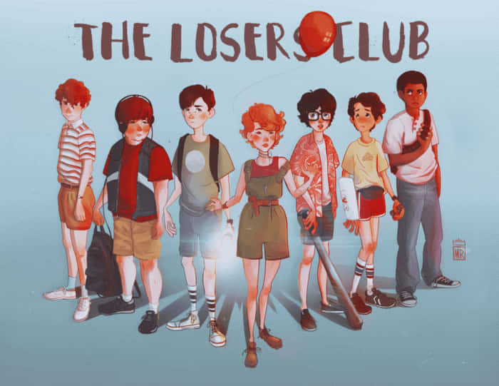 七個插圖青少年排成一排，帶有「The Losers Club」文字和上方一個紅色氣球。