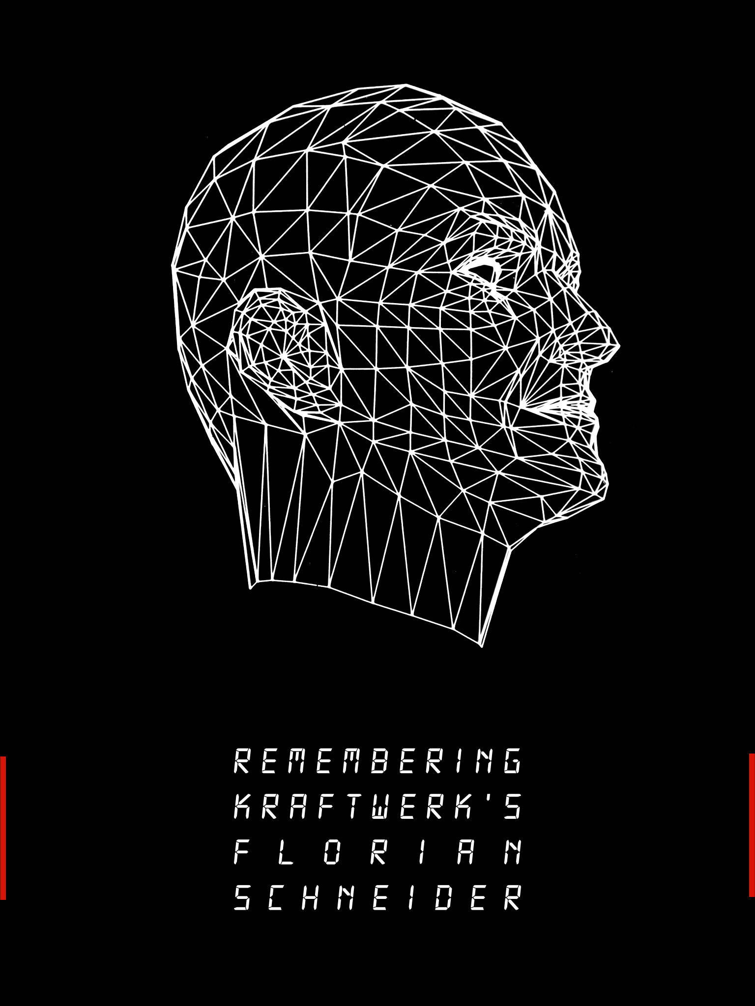緬懷 Kraftwerk 的 Florian Schneider 壁紙 — 一個清晰嘅白色幾何線框人頭側面肖像，背景係黑色，下面有文字。