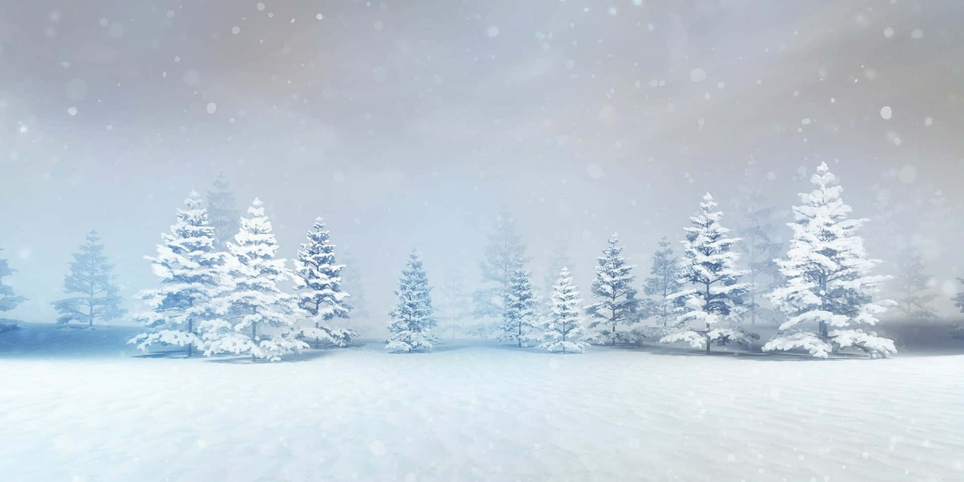 縮放進入冰雪奇境 壁紙 — 白雪輕輕飄落在寧靜的冬日森林，雪覆蓋的松樹在柔和的灰色天空下。