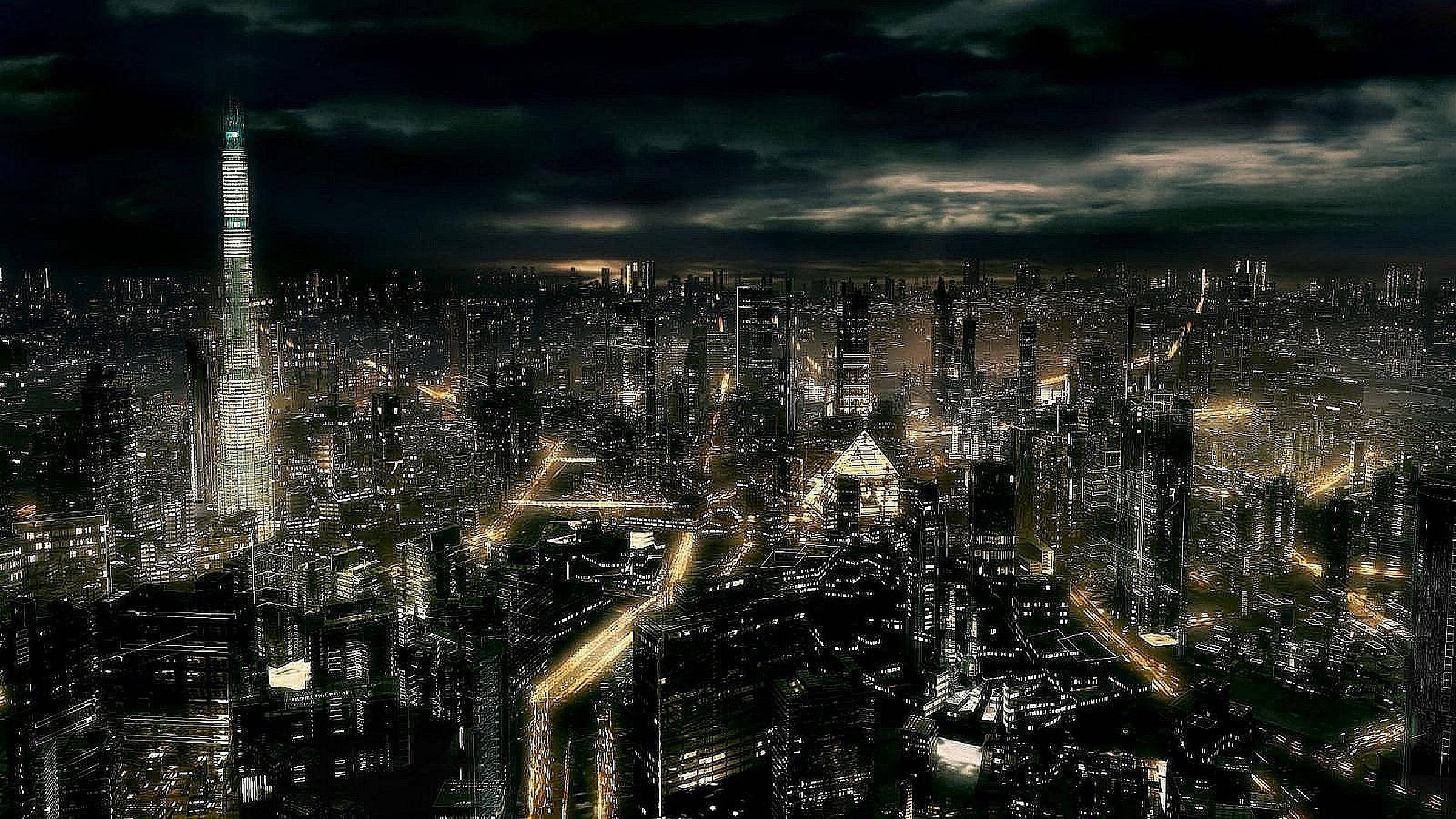 繁忙暗夜都市 壁紙 — 廣闊的未來城市夜景，高聳的摩天大樓在暴風雨的黑暗天空下閃耀。