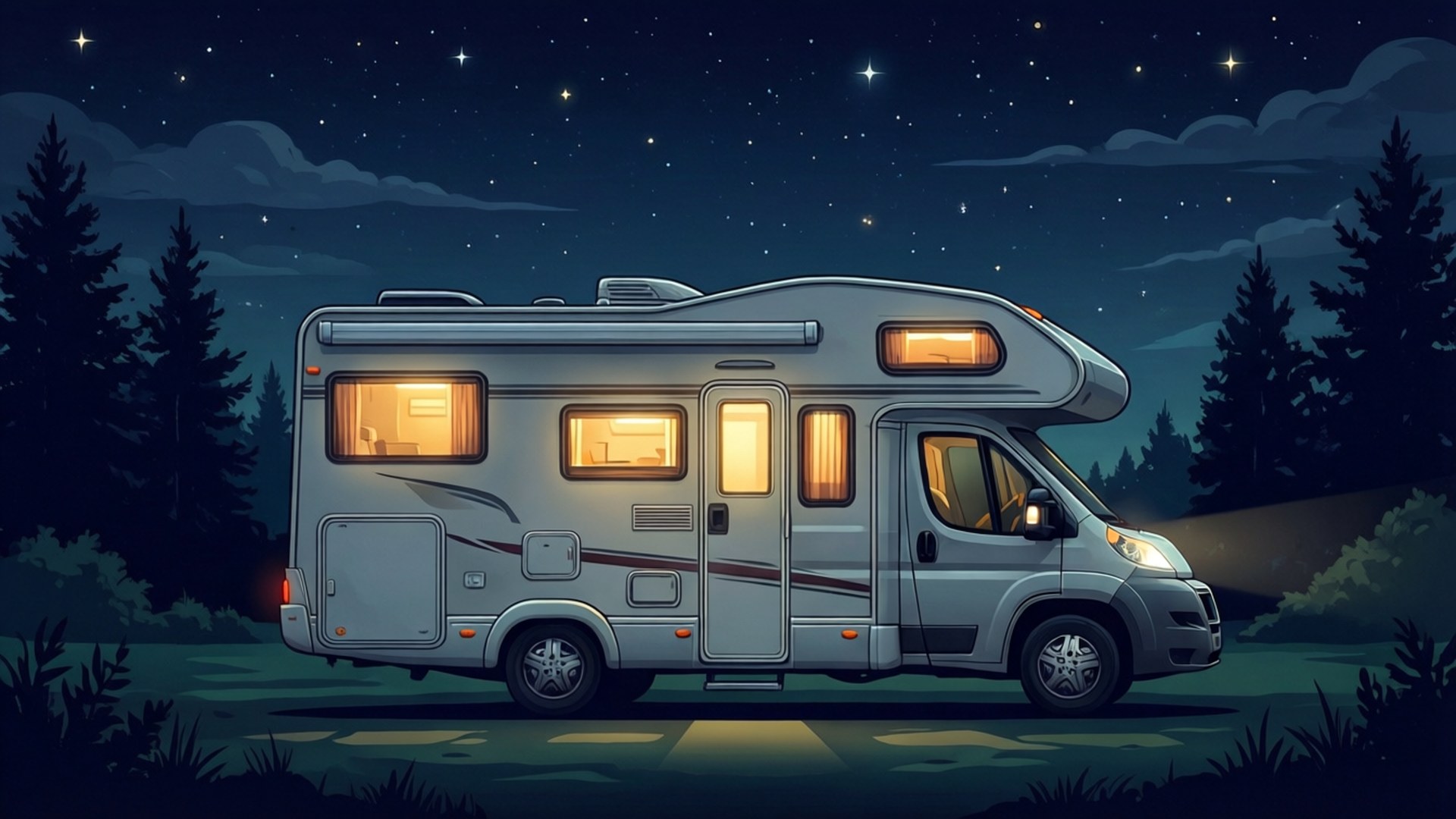 銀色露營車夜間停泊在森林中，窗戶在星空下發光。