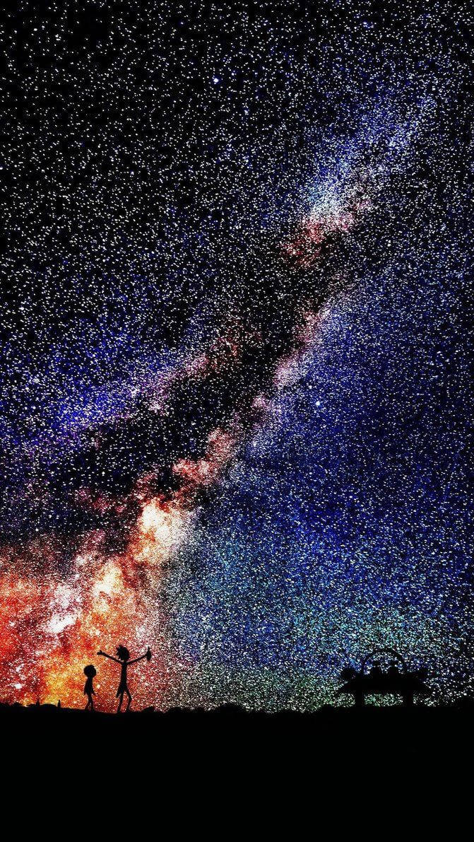 兩個人以剪影形式出現在色彩繽紛的星空背景下，帶有發光的星雲。