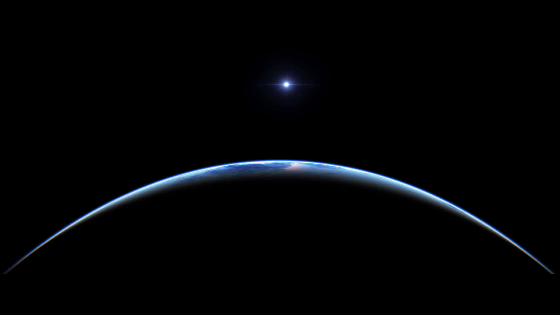 彎曲的地球地平線在黑色太空中發出藍光，上方有一顆明亮的星星。