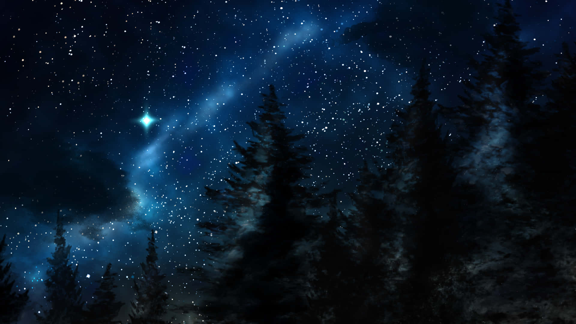 在星空下，發光的藍色星雲旁的深色松樹。
