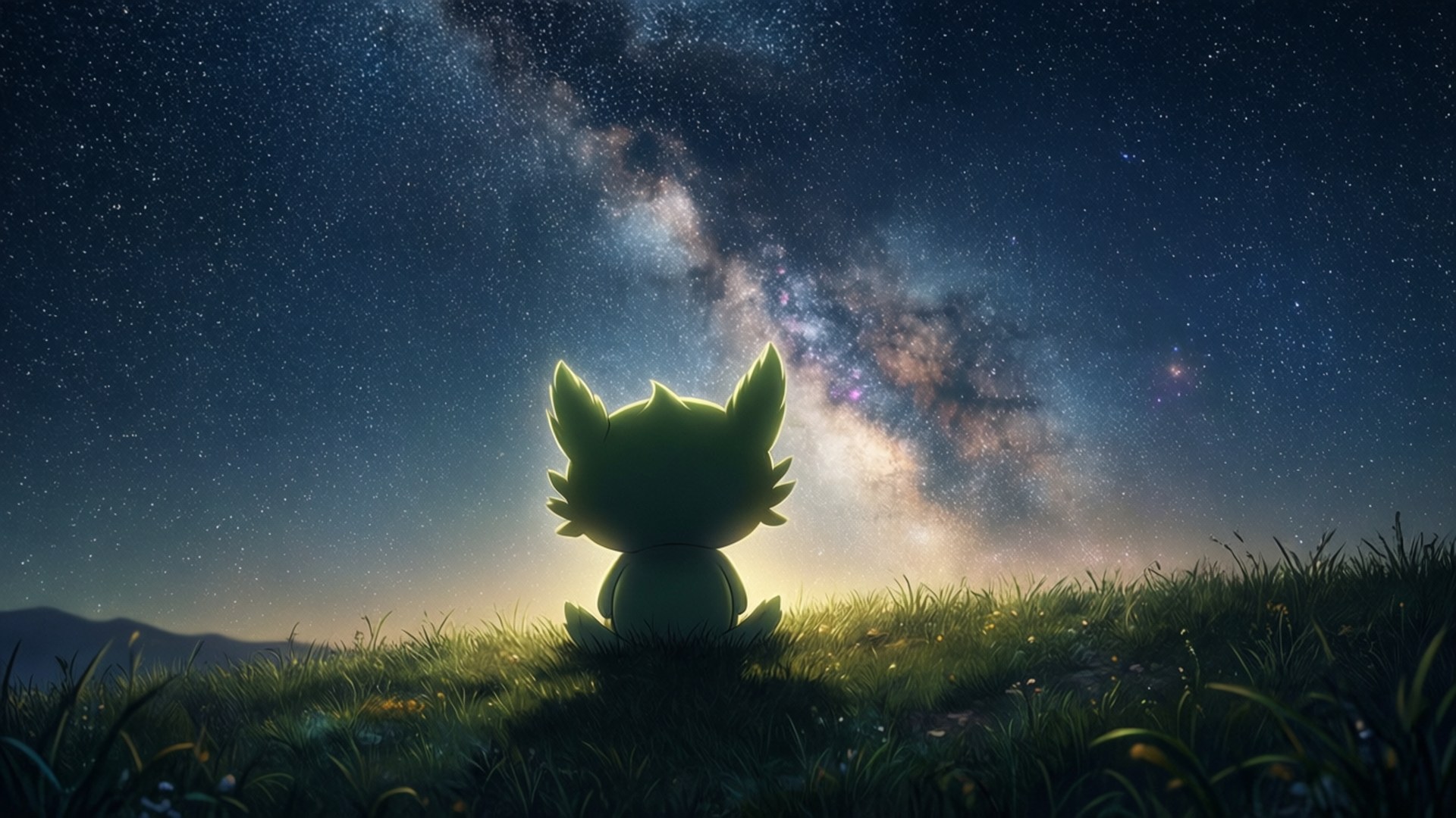 一隻小狐狸般的生物坐在山丘上，在星空下，銀河系清晰可見。