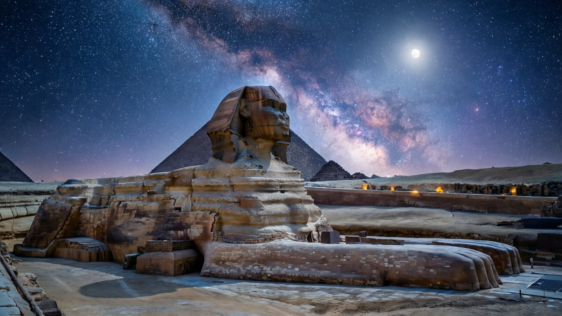 吉薩大獅身人面像在星空下，銀河與月亮相伴