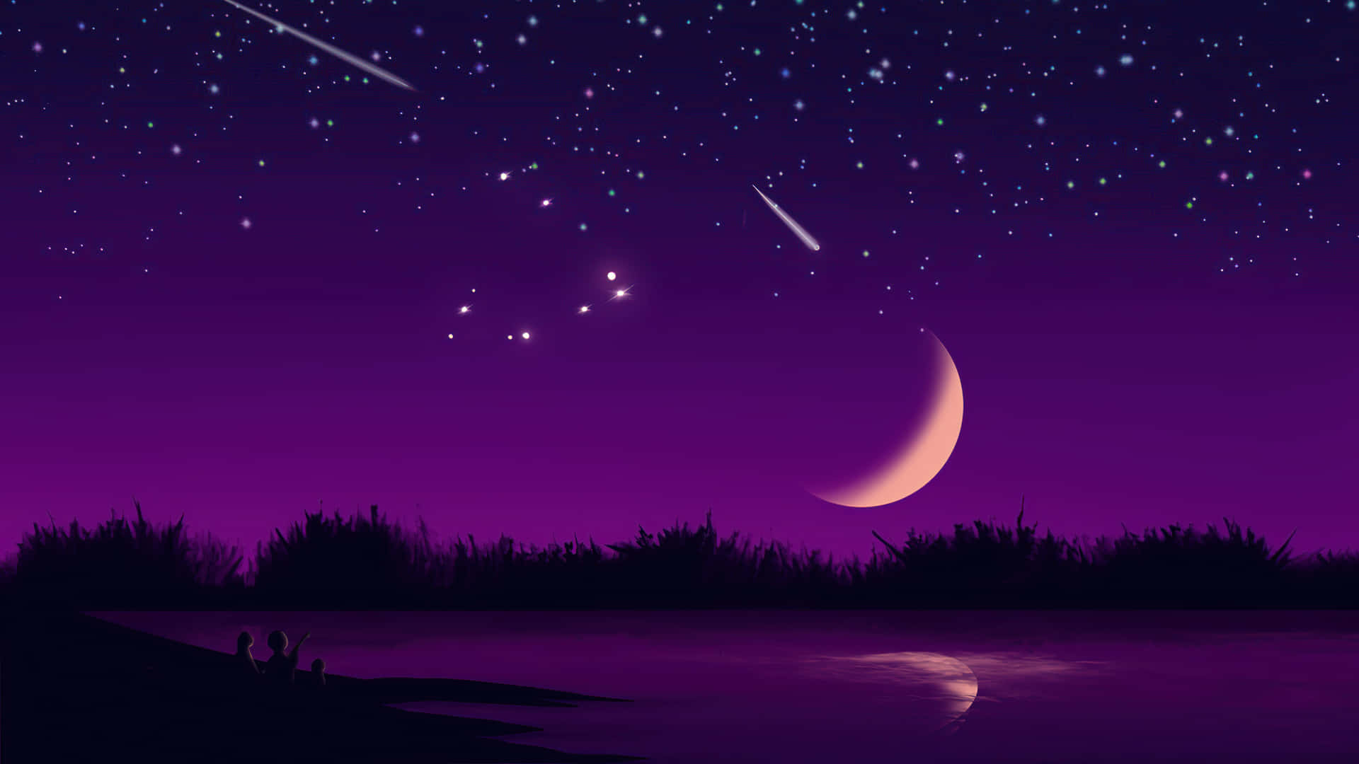 夜晚喺水面上觀看流星同月亮嘅人