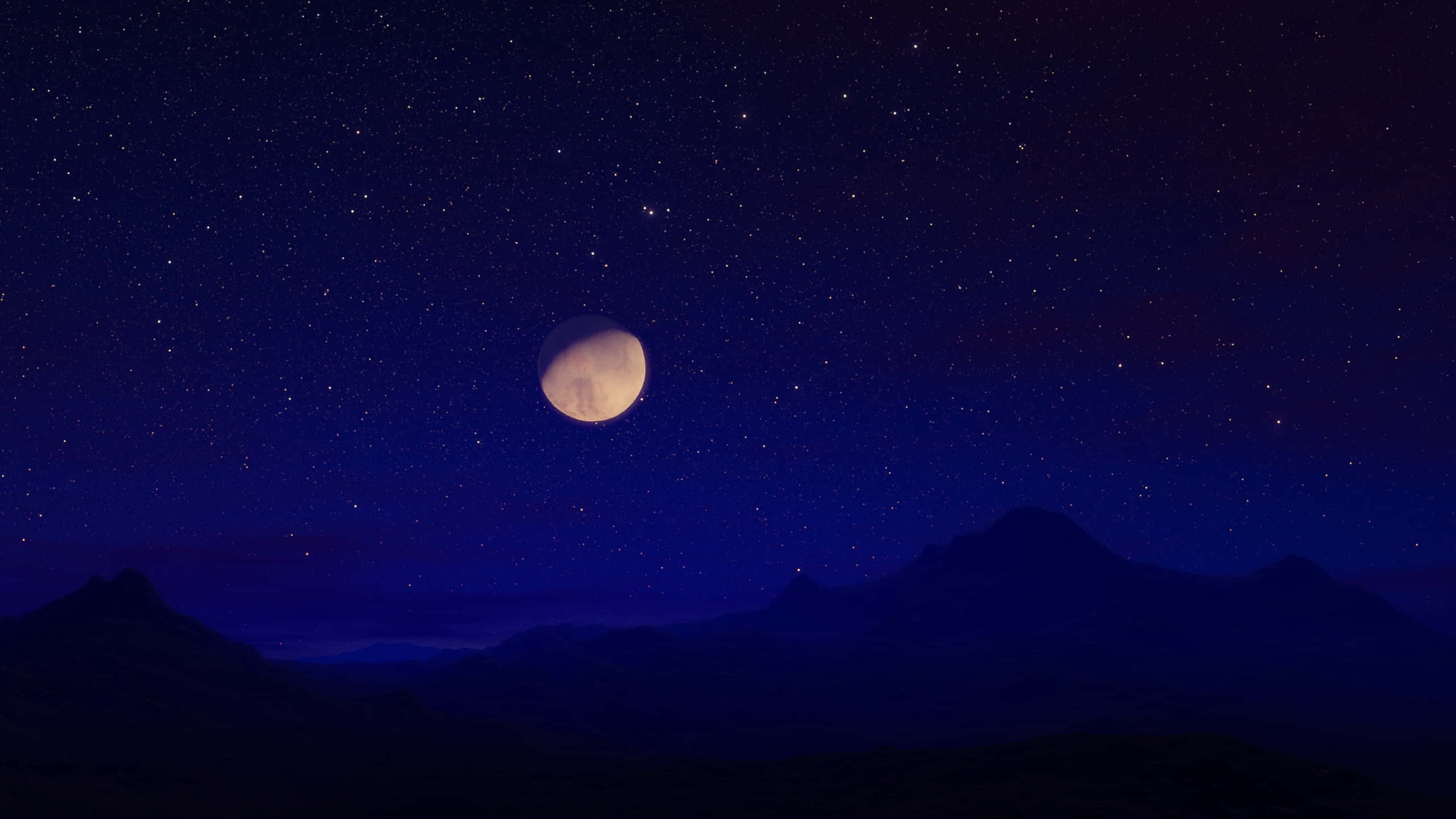 繁星夜空，月光安撫靈魂 壁紙 — 血月懸掛在繁星點點的夜空中，下方是黑暗剪影般的山峰。