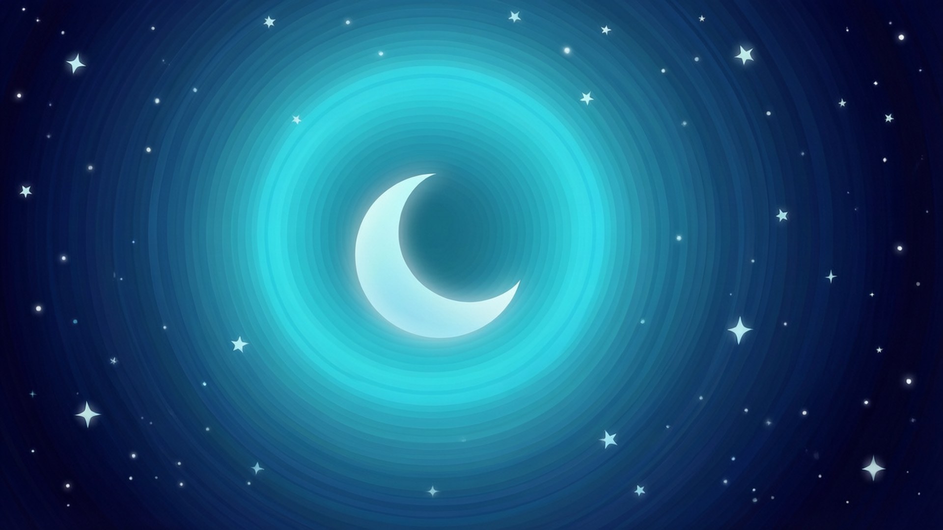繁星夜空放射漸層 壁紙 — 一輪發光的彎月在繁星點點的深藍色夜空中散發出藍綠色的同心環。