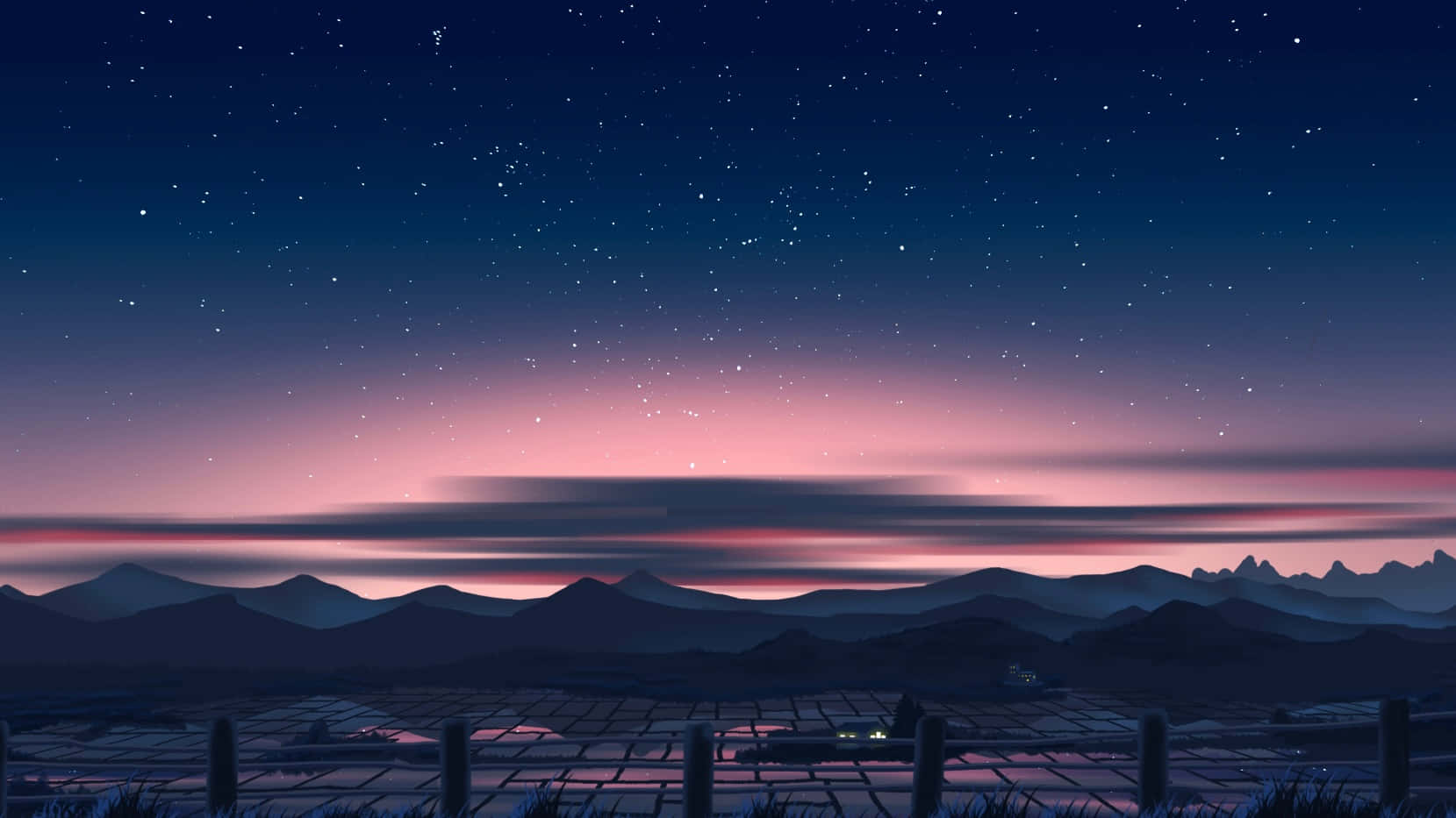 夜空，星星和粉紅色的雲朵，山脈和田野。