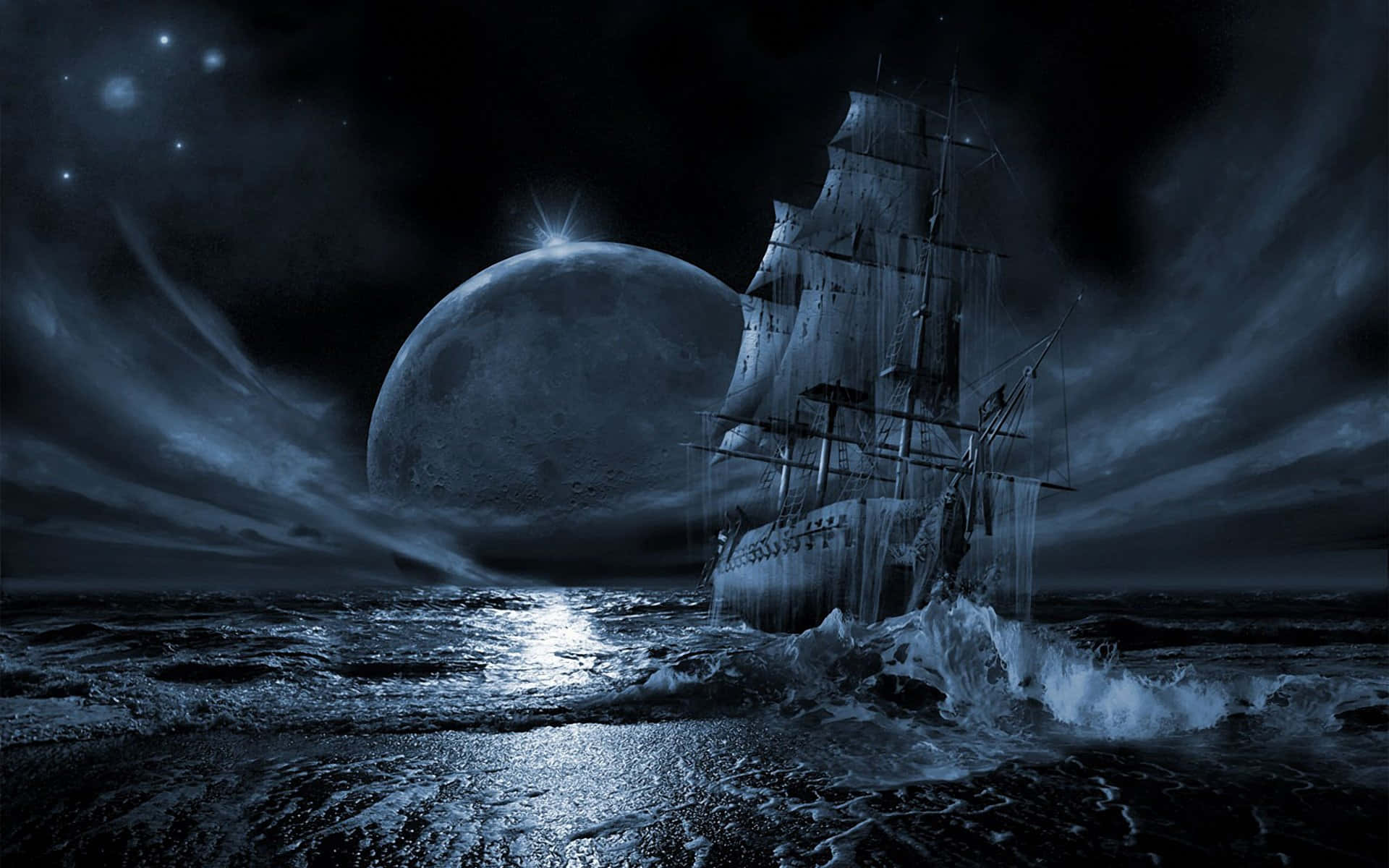 繁星滿天夜空 壁紙 — 一艘幽靈帆船在深藍色夜空下，於巨大的發光月亮下與暴風雨的海浪搏鬥。