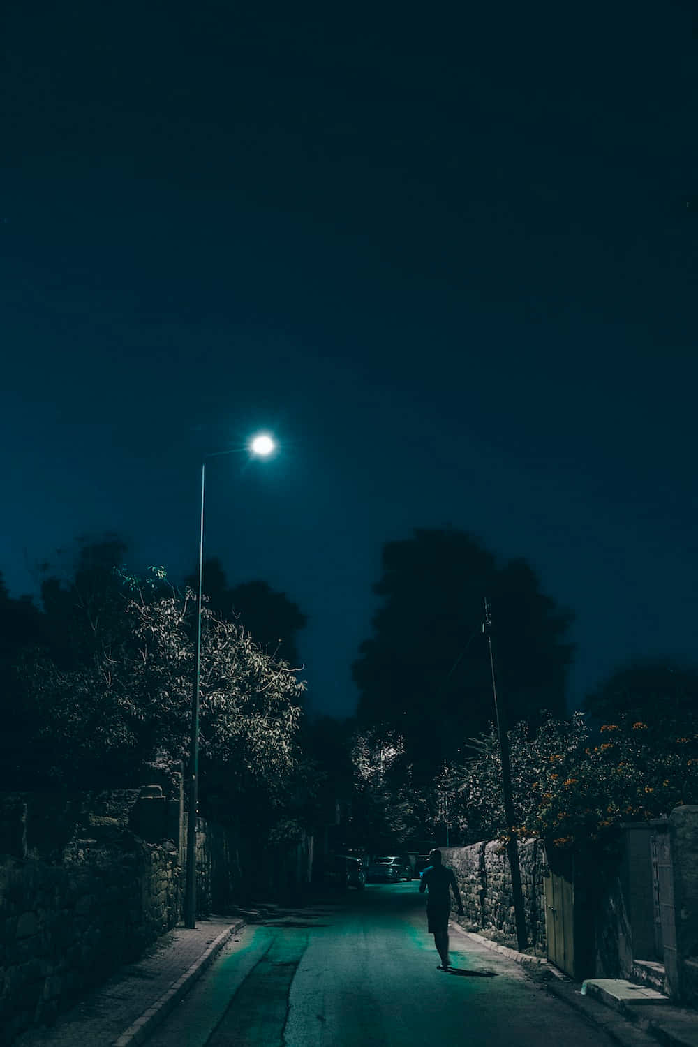 一個人在夜晚獨自走在路燈下昏暗的街道上。