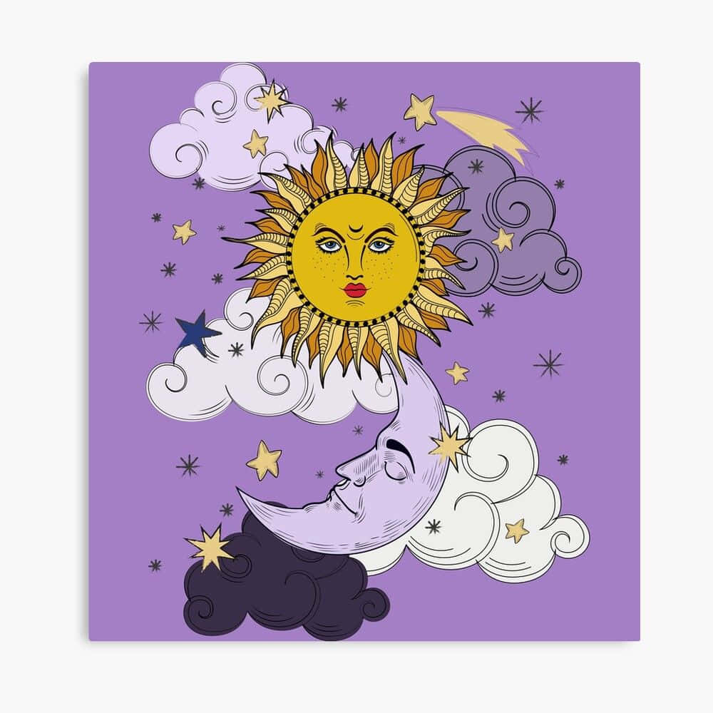 繁星滿天與微笑的月亮 壁紙 — 一個充滿奇想的插圖太陽和月亮，帶有臉孔，依偎在紫色天空中的旋轉雲朵和閃爍星星之間。