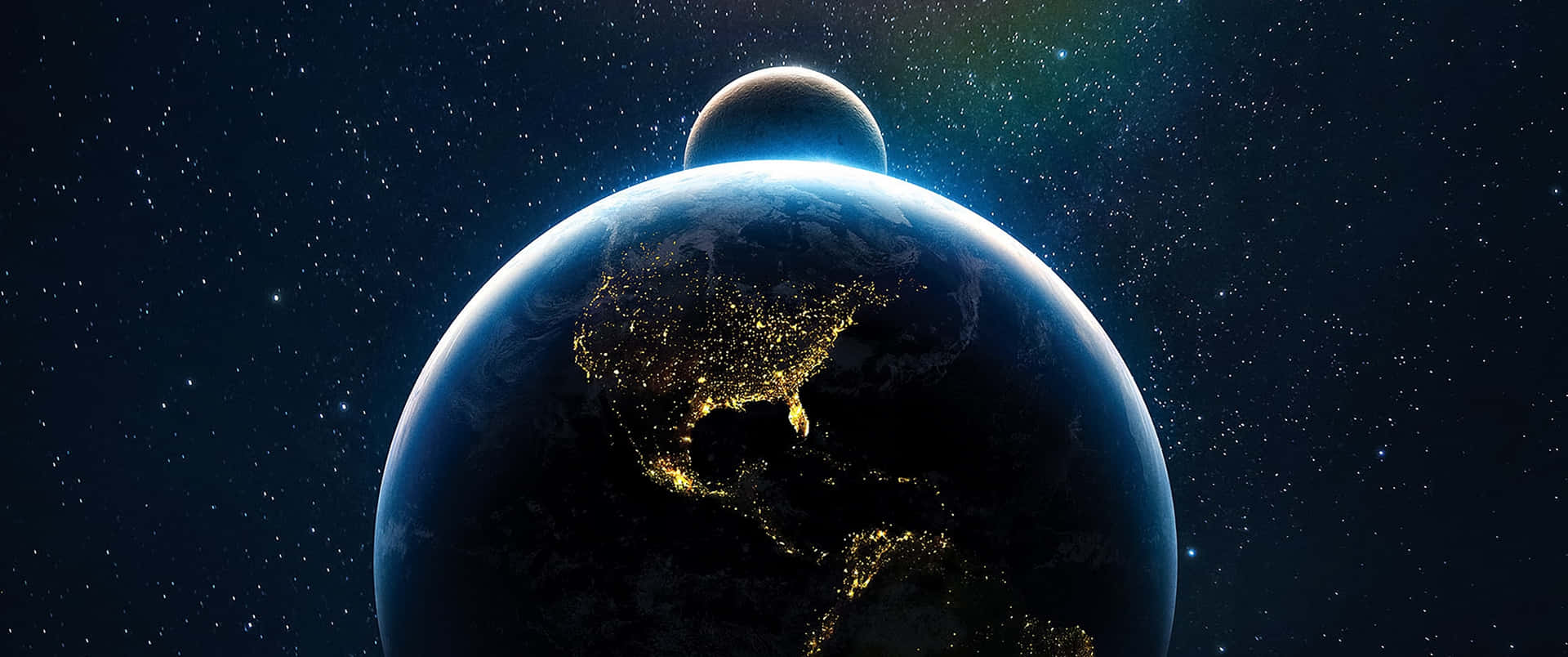夜間的地球，城市燈光和太空中的月亮。