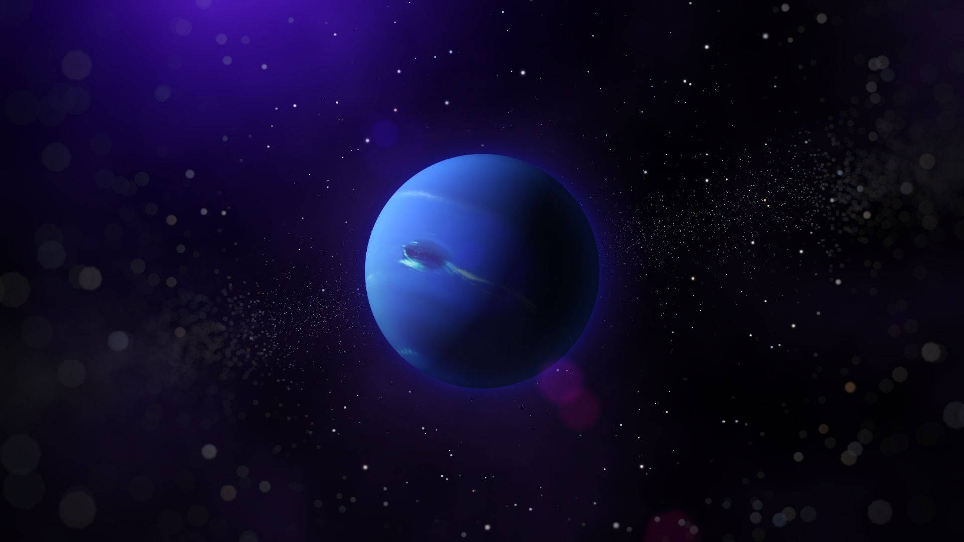 繁星繚繞的海王星 壁紙 — 一顆發光的藍色行星帶有光環，漂浮在佈滿星星的紫色星雲中，伴有鏡頭光暈和宇宙塵埃。
