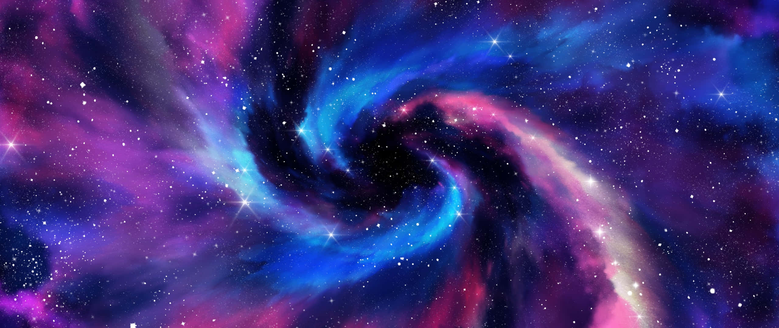 繁星與星雲交織的美麗星系 壁紙 — 一個旋轉的宇宙星雲，帶有鮮豔的藍色和紫色雲層，以及閃爍的星星，背景是黑暗的虛空。