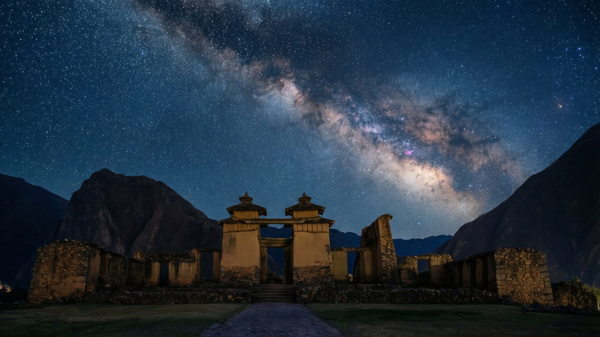 古老石遺跡在星空下，銀河可見